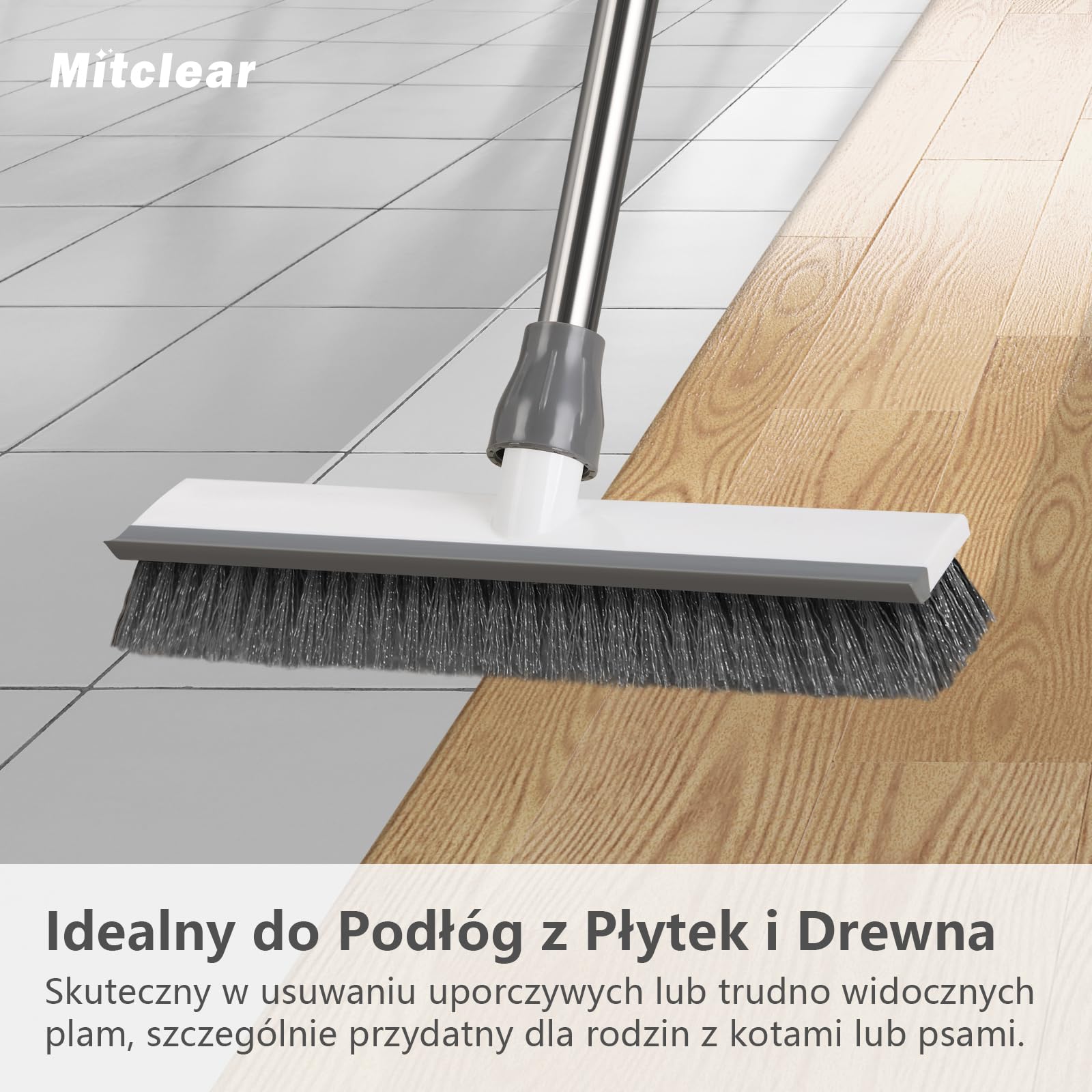 Mitclear Szczotka do Szorowania Podłóg z Długim Uchwytem(128cm), Szczotka do Szorowania 2 w 1 ze Sztywnym Włosiem i Ściągaczką do Szorowania Podłóg w Kuchni, Łazience, Tarasie, Patio, Garażu