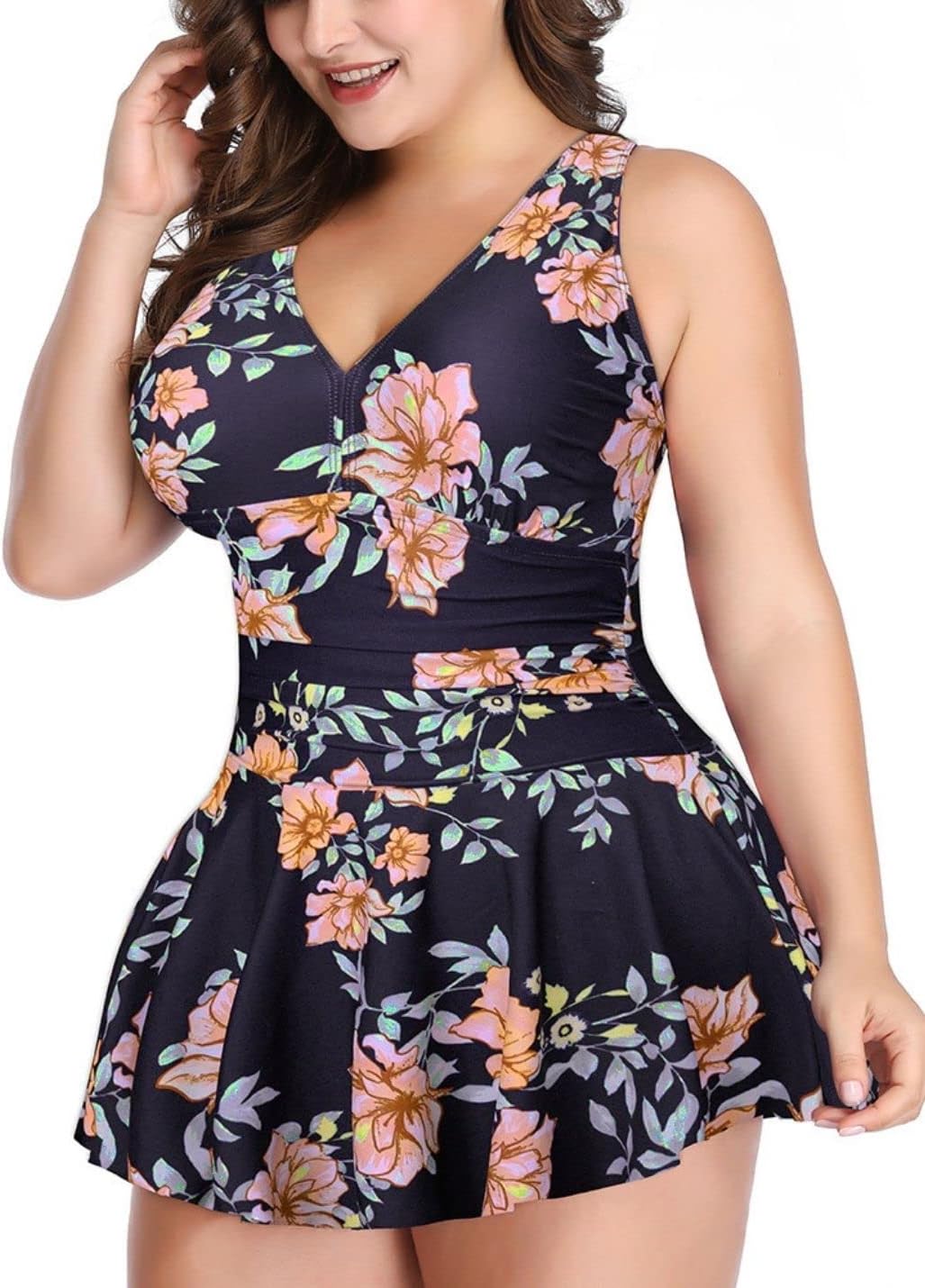 Jinyuxuan Women's Two Piece Swimsuit Plus Size Tankini V Neck Tummy Control Swimwear with Shorts