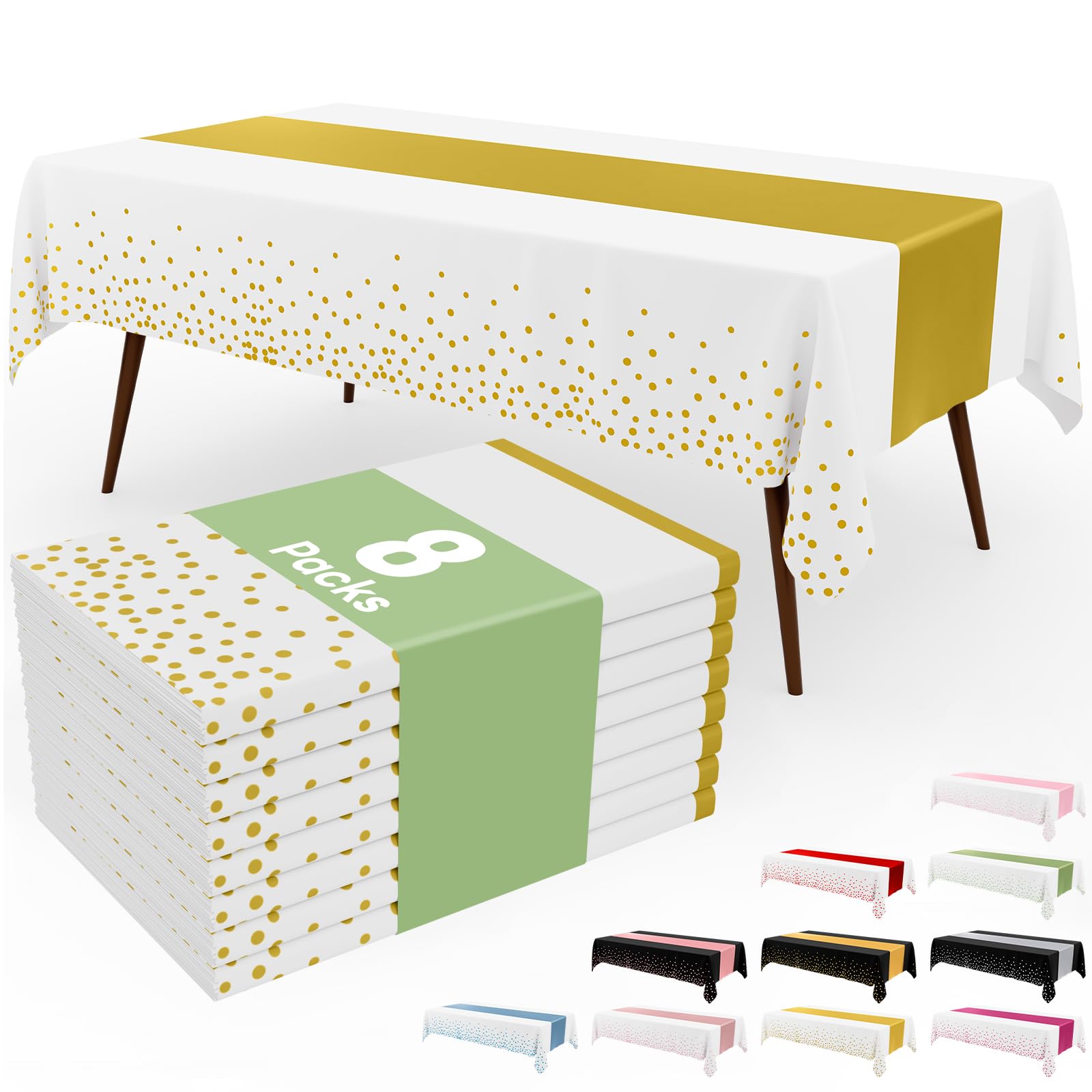 Smiry Plastic Table Cloth Disposable 8 Pack, 54 x 108 Inch Rectangle Waterproof Tablecloth, Printed Gold Table Runner Style for Birthday Weeding, Party Decorations, Leakproof & Sturdy, White and Gold