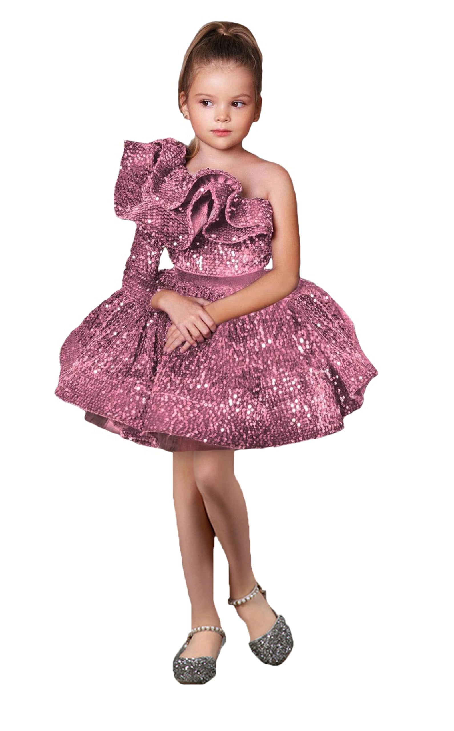 MRLYOUTH Short Mini Girl Pageant Dresses with Sequins Long Sleeve One Shoulder Flower Girl Gowns
