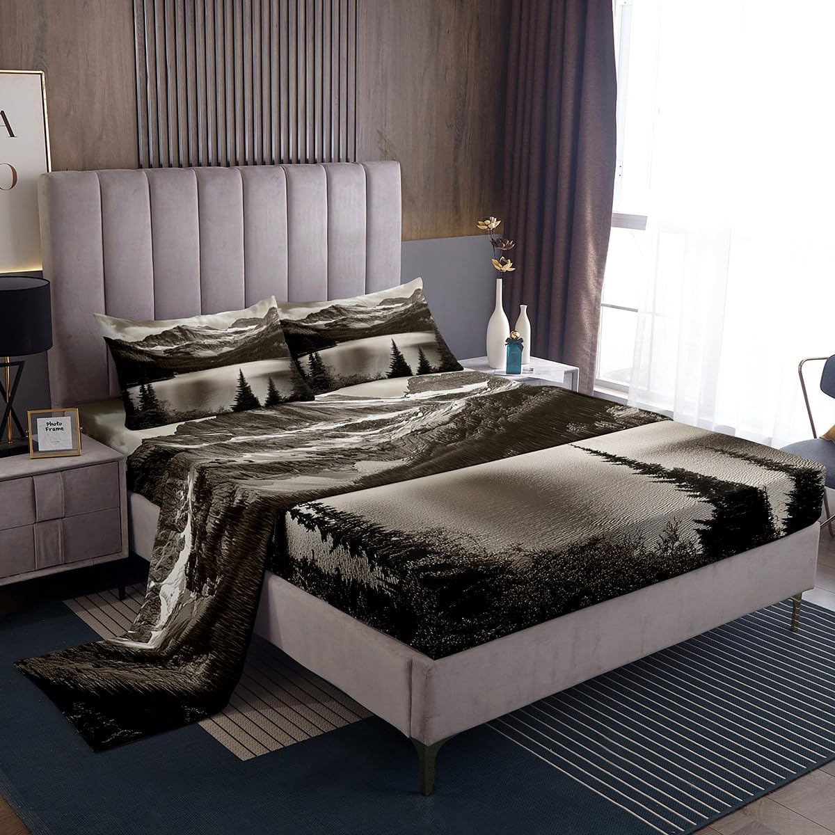 Erosebridal High Mountain Bed Sheets Twin Size Nature Theme Bedding Set Lake Pine Trees Sheet Set for Teens Adults Men Bedroom,Grey Landscape Fitted