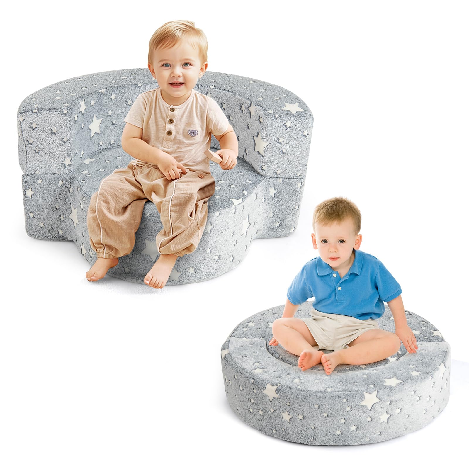 COSTWAY Canapé Convertible Enfant Lumineux avec Motif Étoile, Fauteuil Enfant Convertible en Tissu Flanelle avec Housse Lavable, Canapé Modulaire Phosphorescent pour Garçon et Fille de 3 Ans+