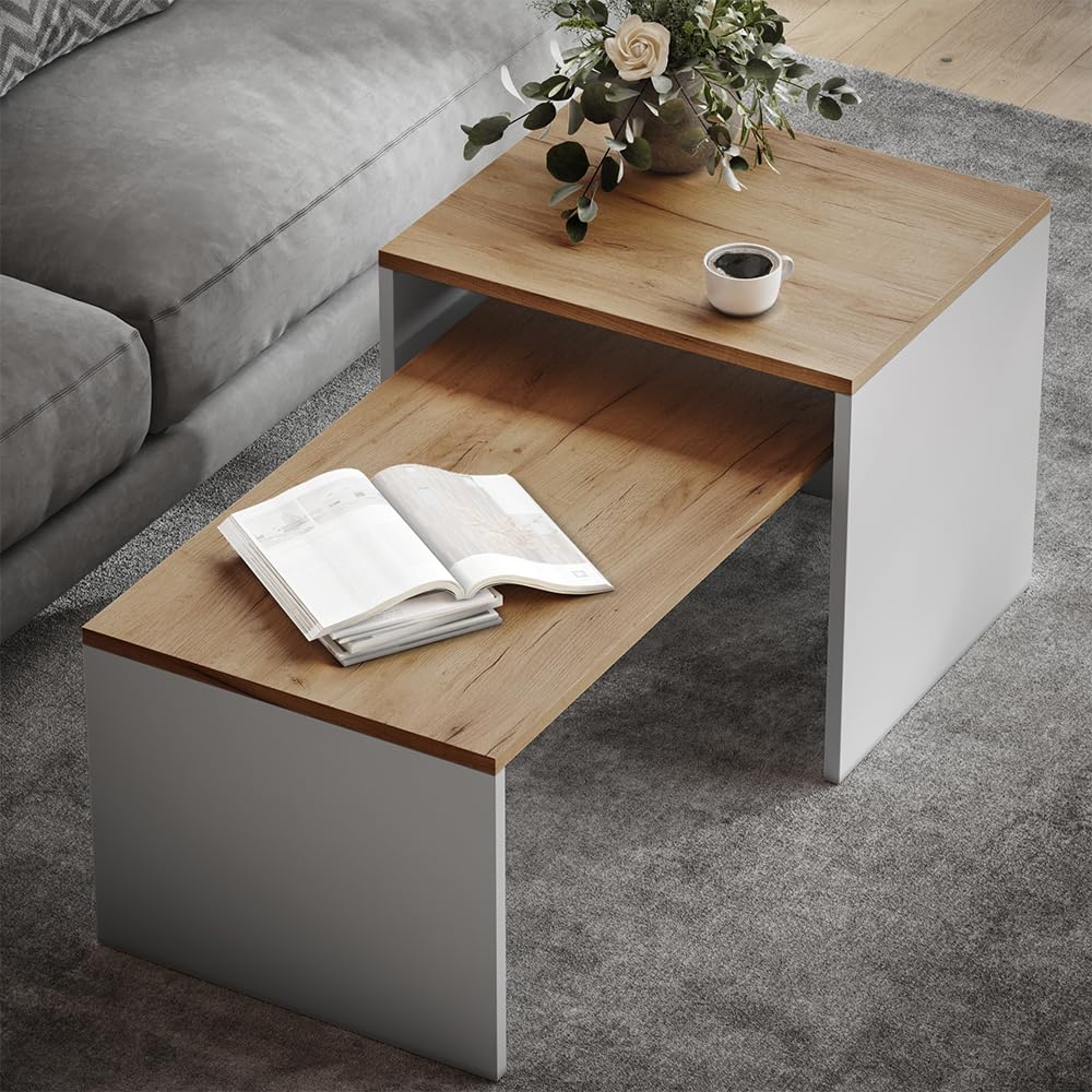 Vicco Set di tavolini da salotto Donat, Rovere bianco/dorato, 100 x 48 cm, 2 parti, per un utilizzo flessibile come tavoli singoli o combinati