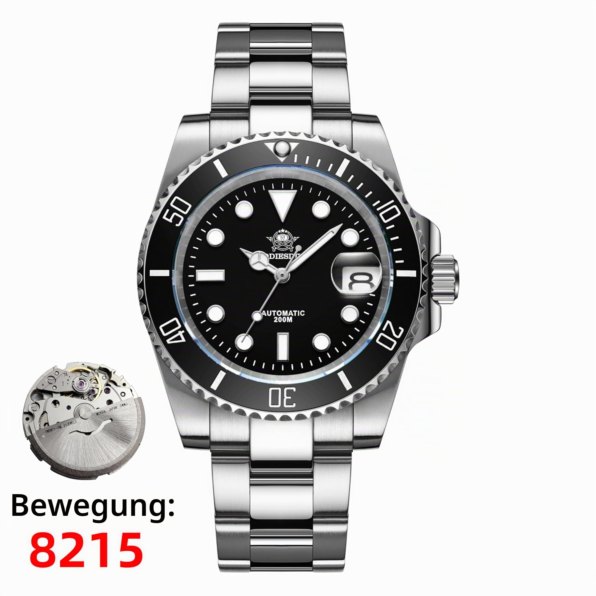 ADDIESDIVE Herren Automatikuhr Taucher Unterwasser 200m Leuchtuhr NH35A/8215 Uhrwerk Edelstahluhr