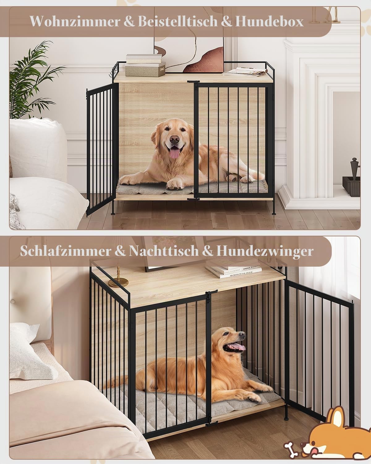 EUGAD Hundebox, Hundekäfig Möbel, Hundebox für Zuhause | 104x92x60cm, für Kleine bis Mittelgroße, mit Großzügige Plattform, aus Holz, Hundekäfig Indoor,Dog Crate als Beistelltisch