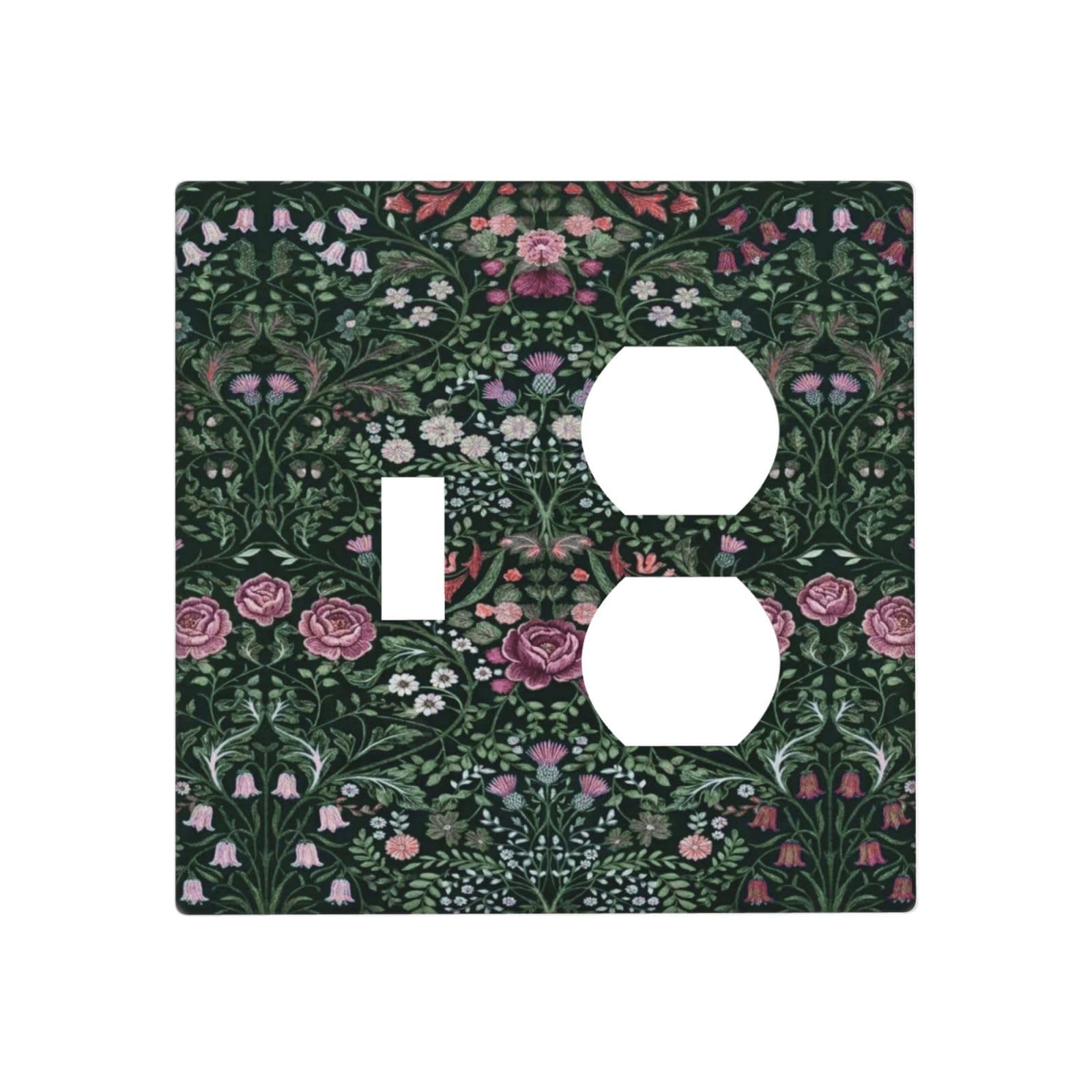 William Boho Floral Moris Flower Leaf 2 Gang 1 Toggle/Duplex Combo Outlet Light Switch Cover Wall Plate Combination Receptacle Faceplate Decorative Switchplate