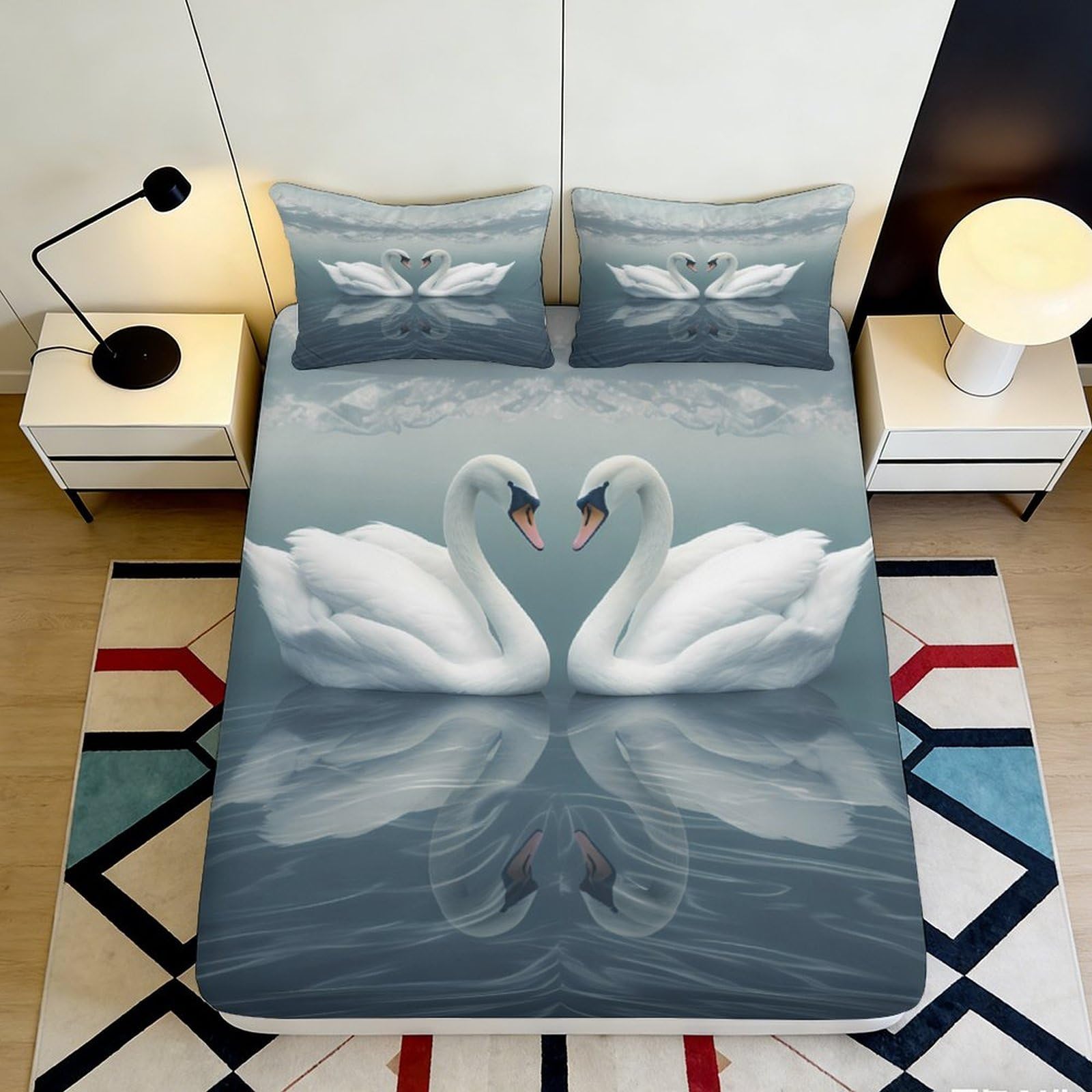 3D Printed Swan Lake Fitted Sheet Microfiber Elegant Water Reflection Mattress Cover for Bedroom Guestroom Decor 90x200x25cm
