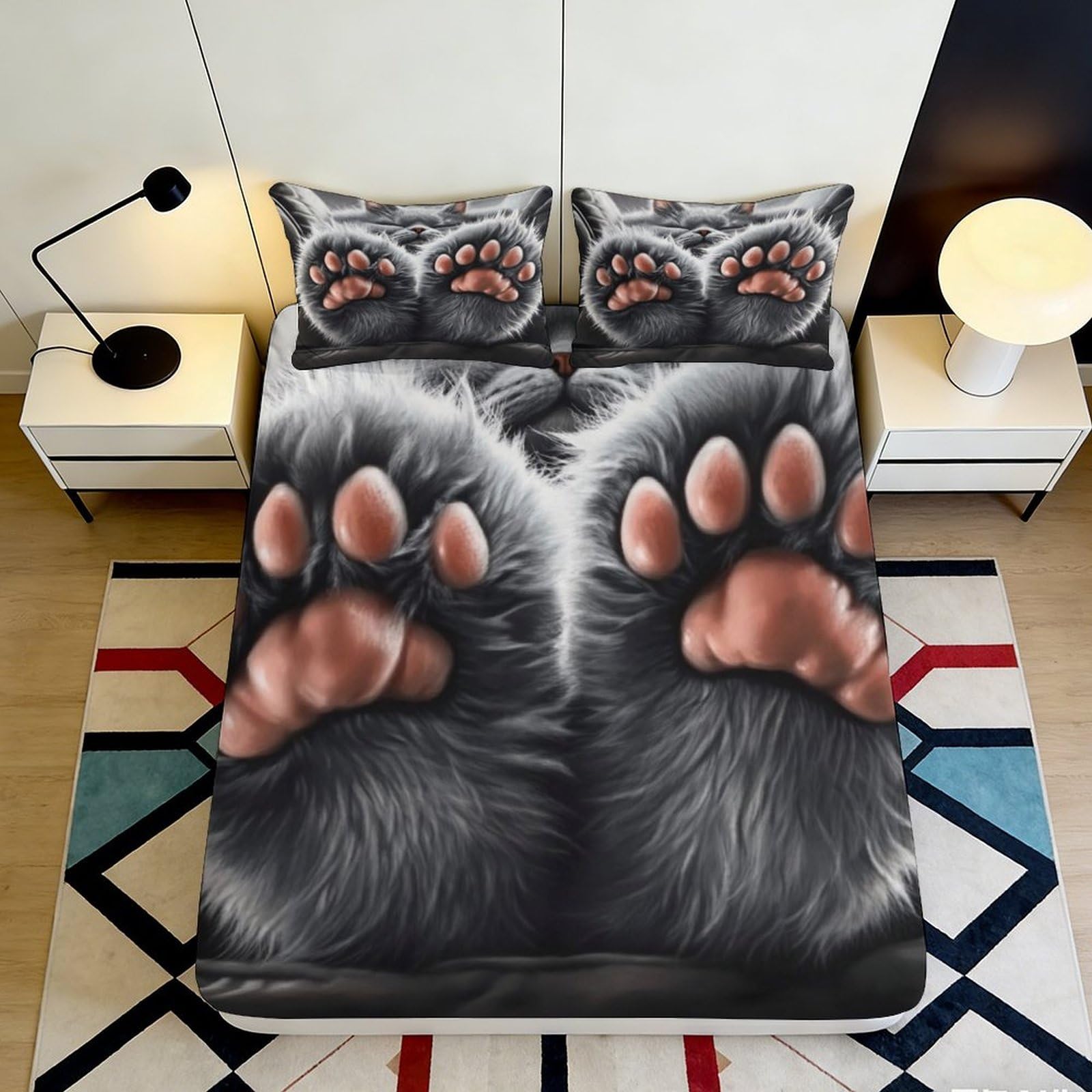 3D Printed Cat Paw Fitted Sheet Microfiber Deep Pocket Bedroom Bedding Cat Paw Mattress Fitted Cover Non-Slip Washable for Adults Teens 90x200x25cm