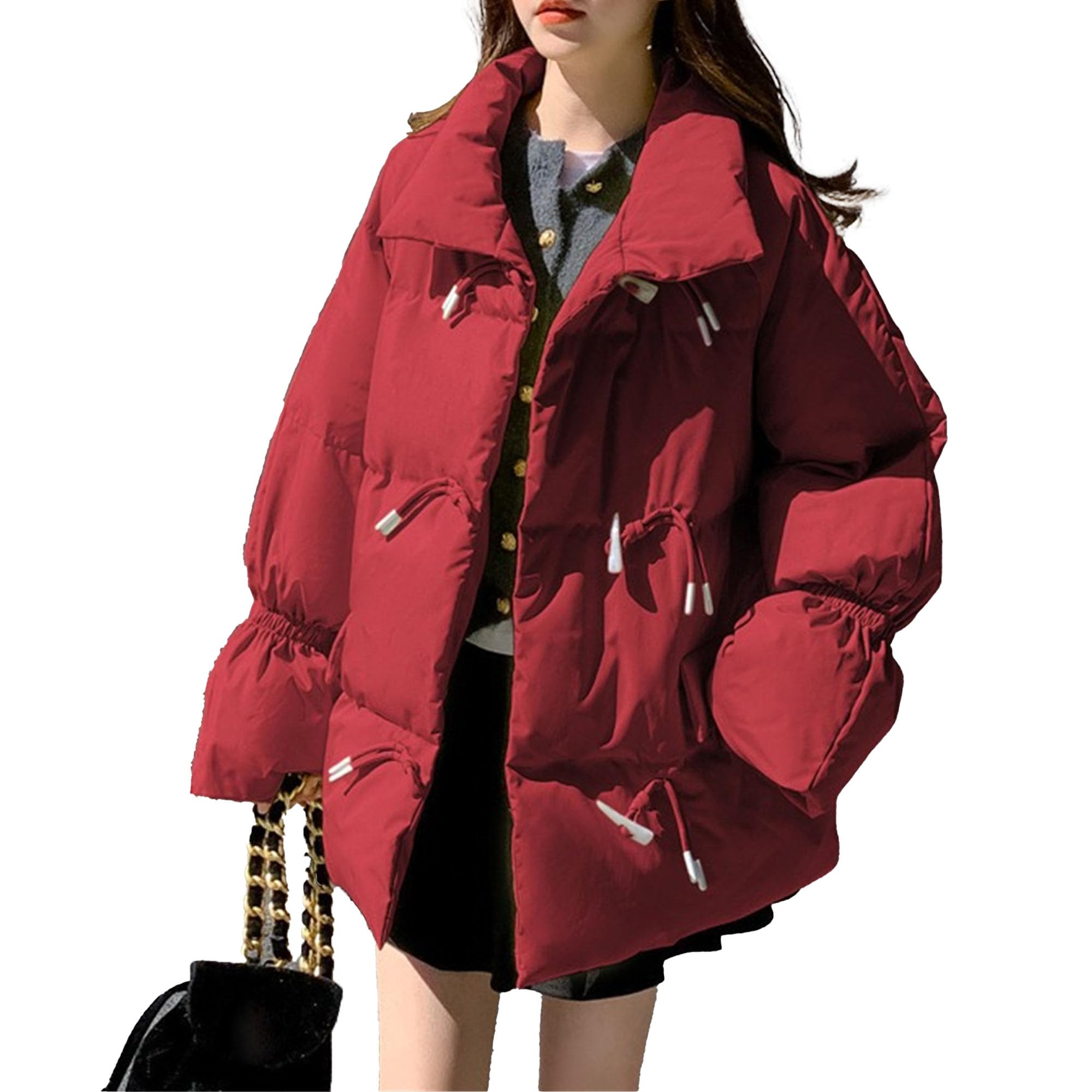 Giacche larghe casual da donna con bottoni in corno a maniche lunghe, colletto alla coreana con cerniera, trapuntato, accogliente, caldo capispalla
