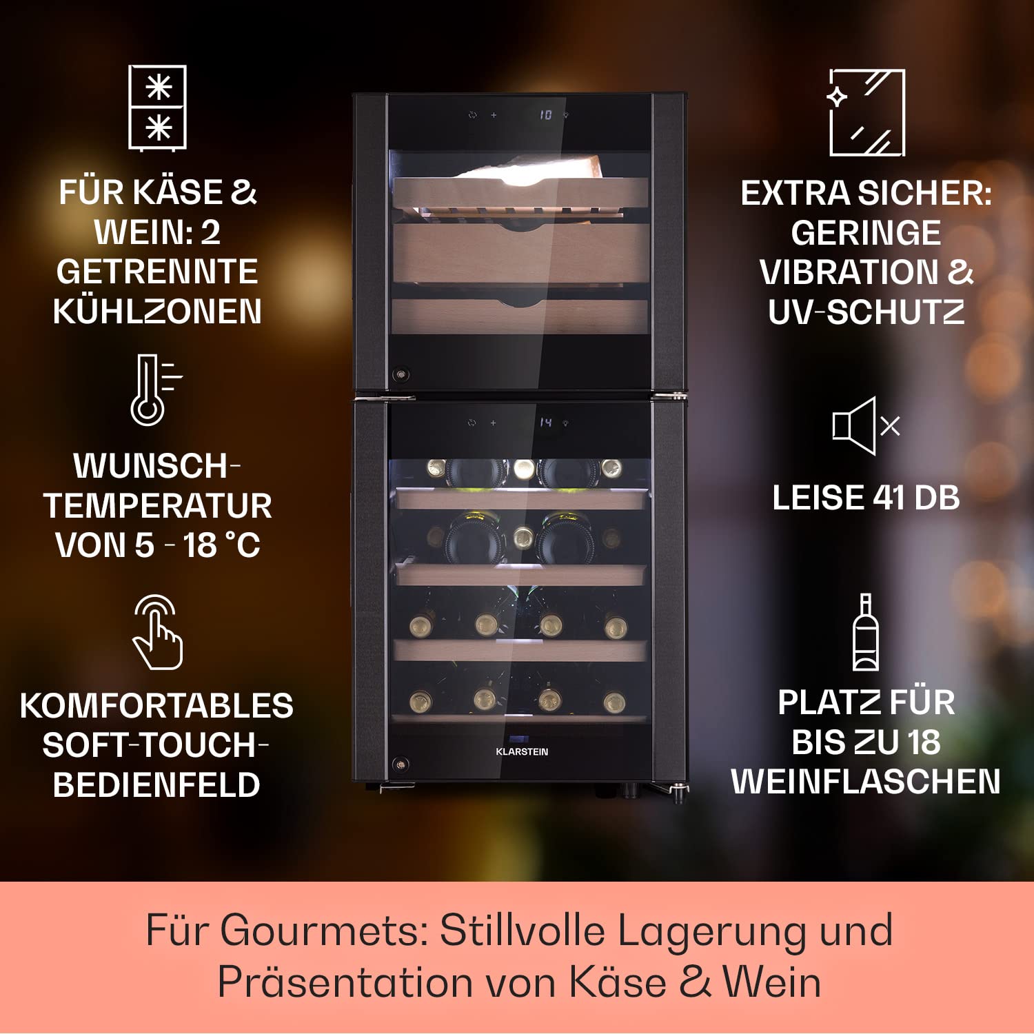 Klarstein Käse- und Weinkühlschrank 89L mit Glastür LED-Display Hygrometer 12-23°C