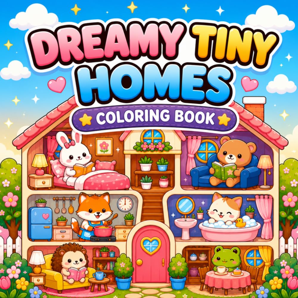 Dreamy Tiny Homes Coloring Book: Cute Animal Dollhouses, Cozy Rooms, Tiny House Interiors and Fun Coloring Pages for Kids