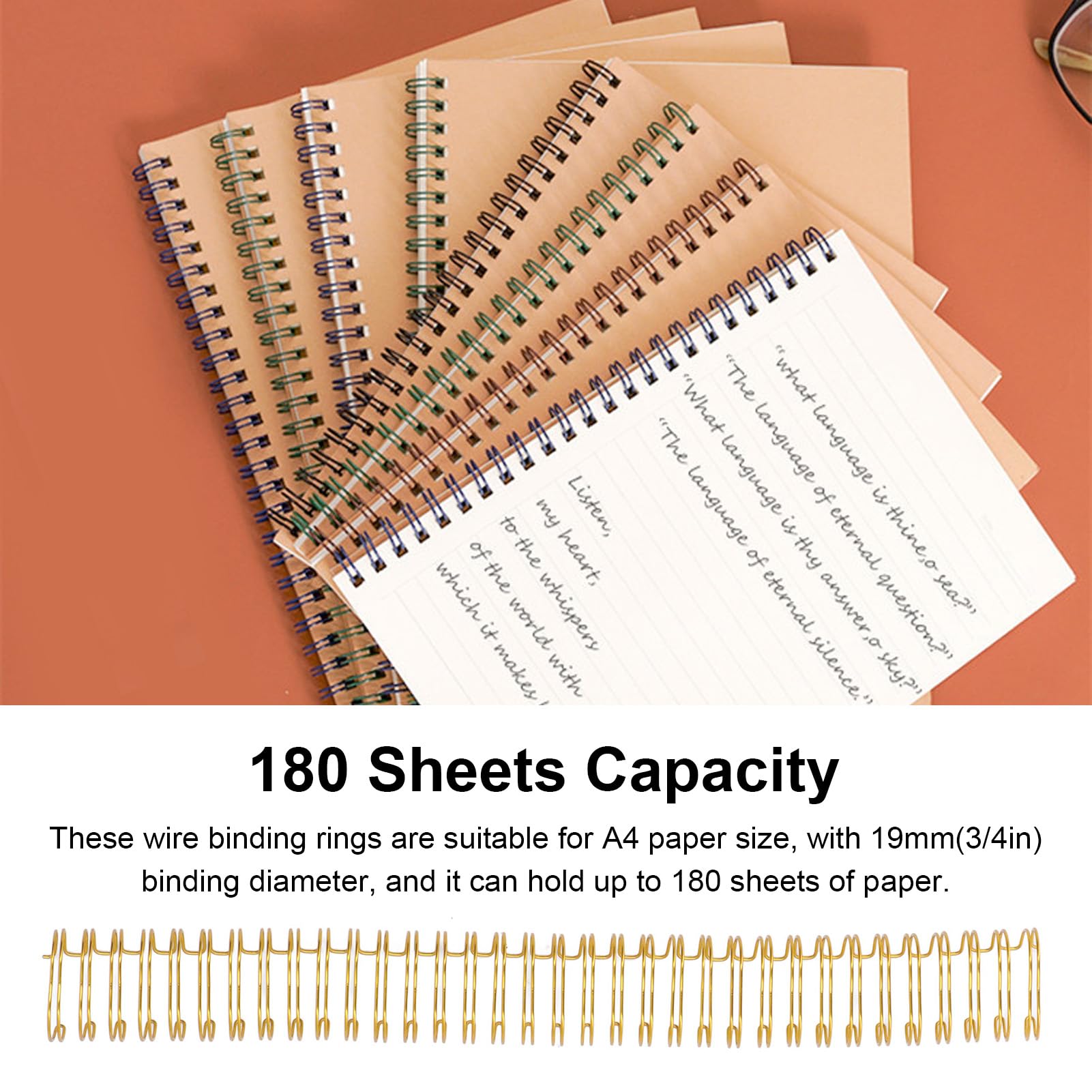 Anillas de encuadernación de alambre de 19 mm, 3/4 pulgadas, capacidad para 180 hojas, paso 3:1, 34 de encuadernación de papel A4 de doble bucle para informes de (Oro)
