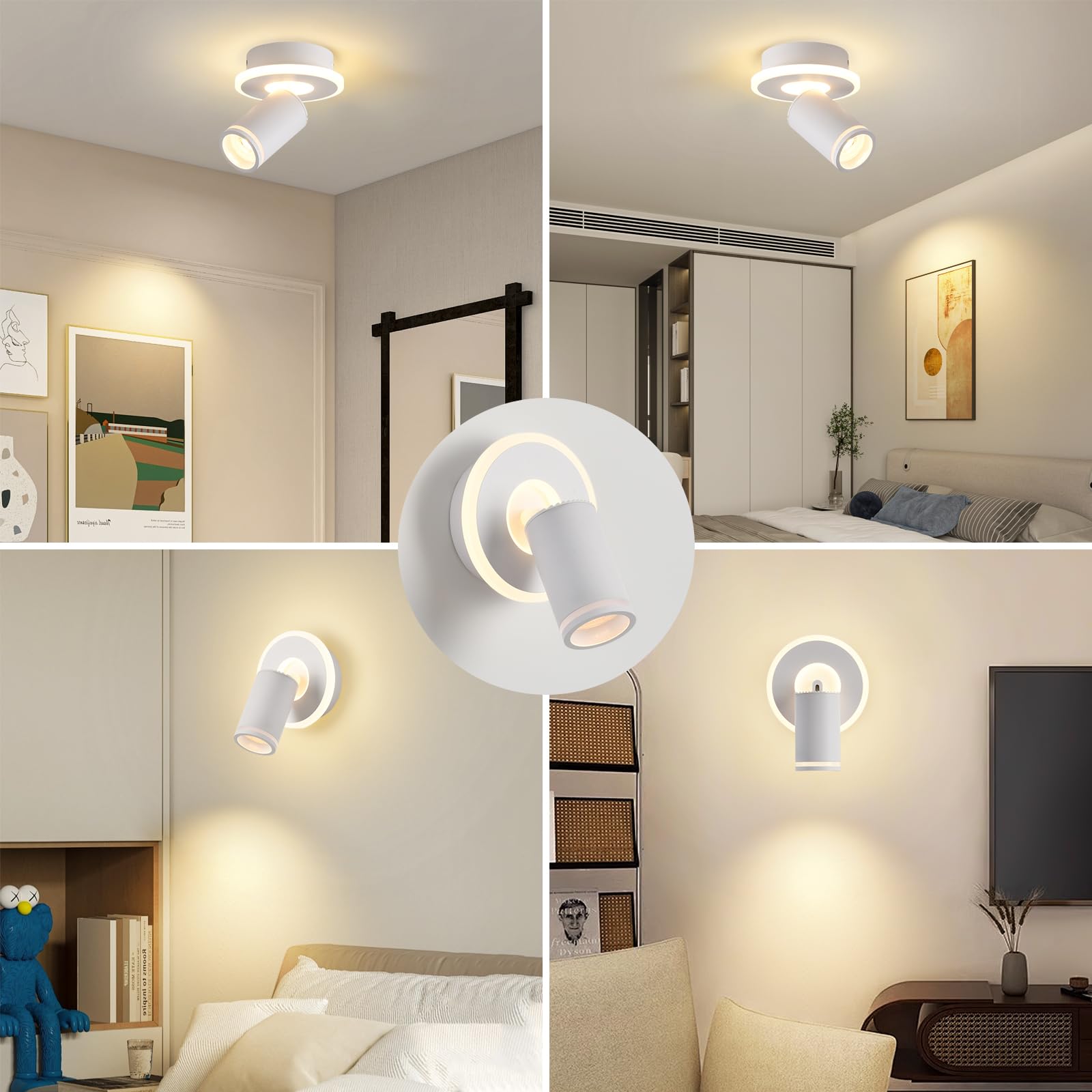 SANSHI Rotonda Faretti da Soffitto Orientabili Interno LED 1 Luce,Faretti da Parete con Inferiore 9W+5W,GU10 Lampadario Faretti,Moderna Plafoniera Faretti Bianco Caldo 3000K per Cameretta Barra,Bianco