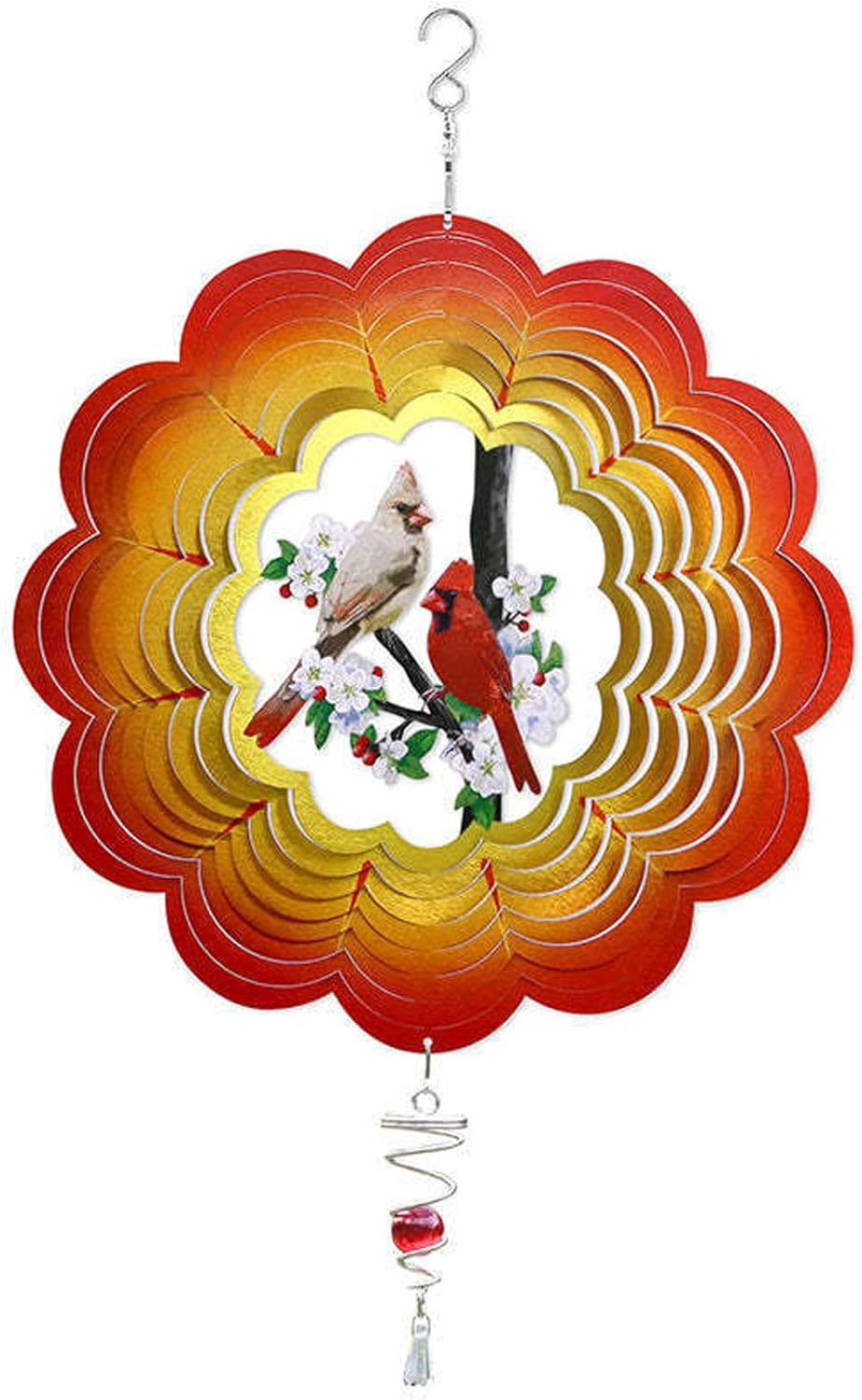3D Cardinal Red Bird Hanging Wind Spinner, Metal Outdoor Wind Spinner