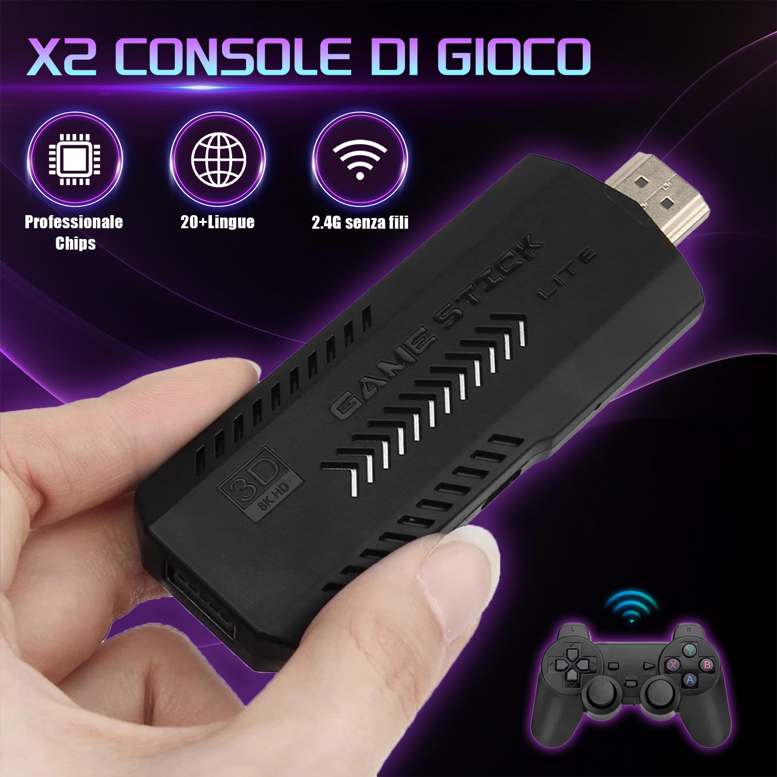 X2 PLUS Console di gioco retrò con uscita 4K HD,oltre 50000 giochi integrati, oltre 40 simulatori,processore quad-core S905L, videogiochi plug and play con 2 controller wireless,TV/computer, 128 GB