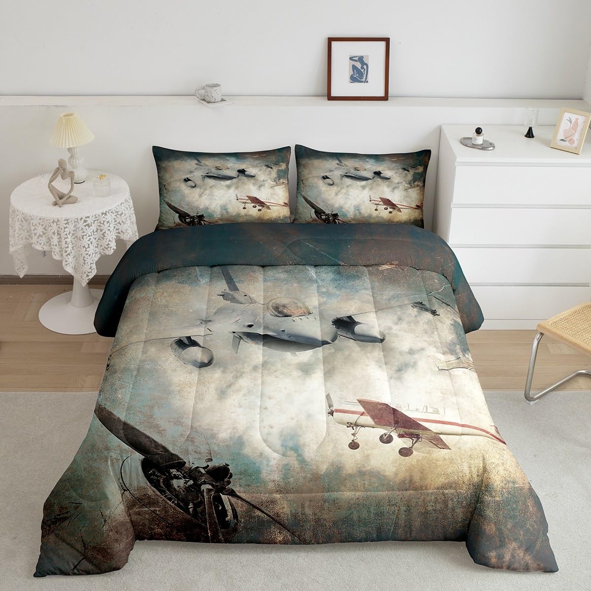 Erosebridal Airplane Bedding Comforter Sets Vintage World War Military Aircraft Comforter Set, Fighter Plane Bomber Jets Bedding for Teenagers Young