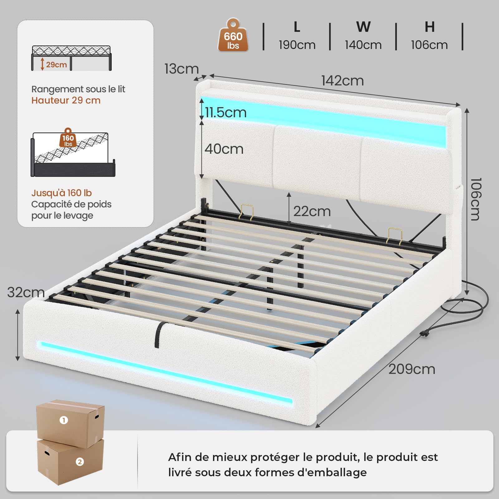 AOGLLATI Lit Coffre 140×190 avec LED et Ports USB,Tête de Lit capitonné avec Étagères Ouvertes et Rangement Caché, lit 2 Personnes avec Hydraulique, Sommier à Lattes, Lin Beige (sans Matelas)