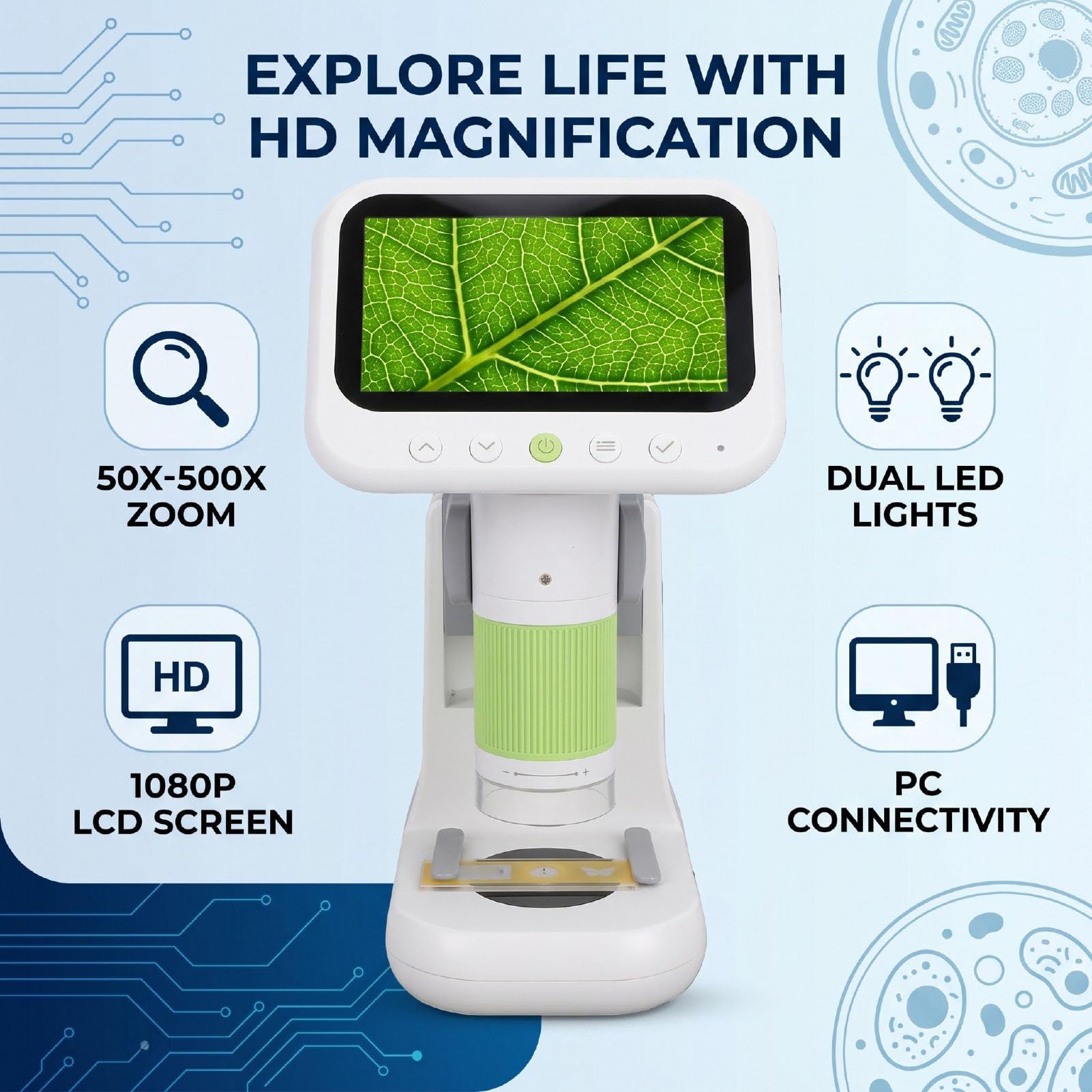 Microscopio Digital para Niños, Zoom 50X - 500X con Pantalla 4.3" 1080P, Soporte Portátil Modos Duales, Luces LED, Almacenamiento de 8 GB, Juguetes Científicos para Estudiantes y