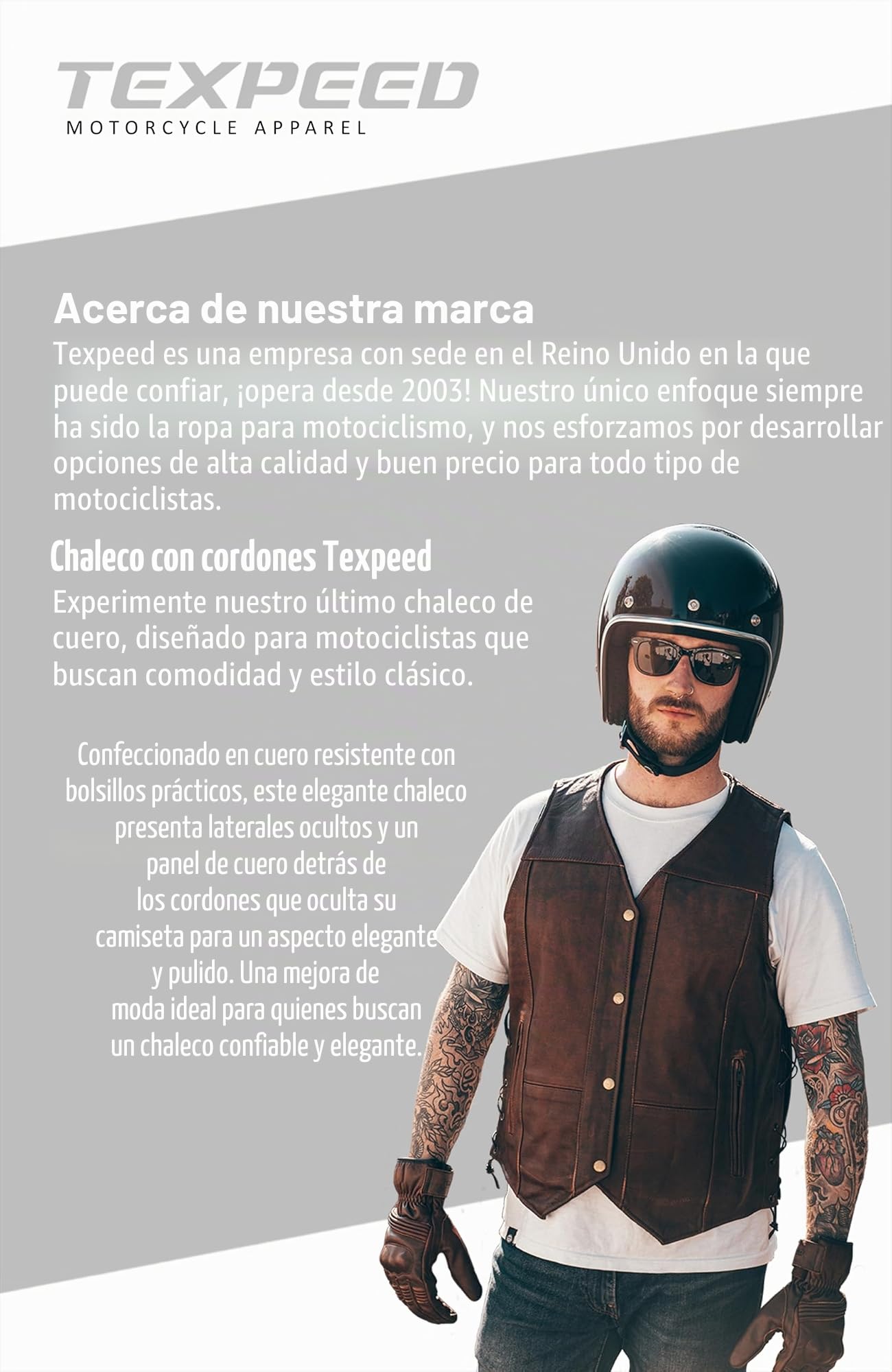Texpeed Chaleco de cuero para moto - Cuero de motocicleta para hombre - Bolsillos con cremallera originales de motorista/Ajuste de chaleco con lados trenzados