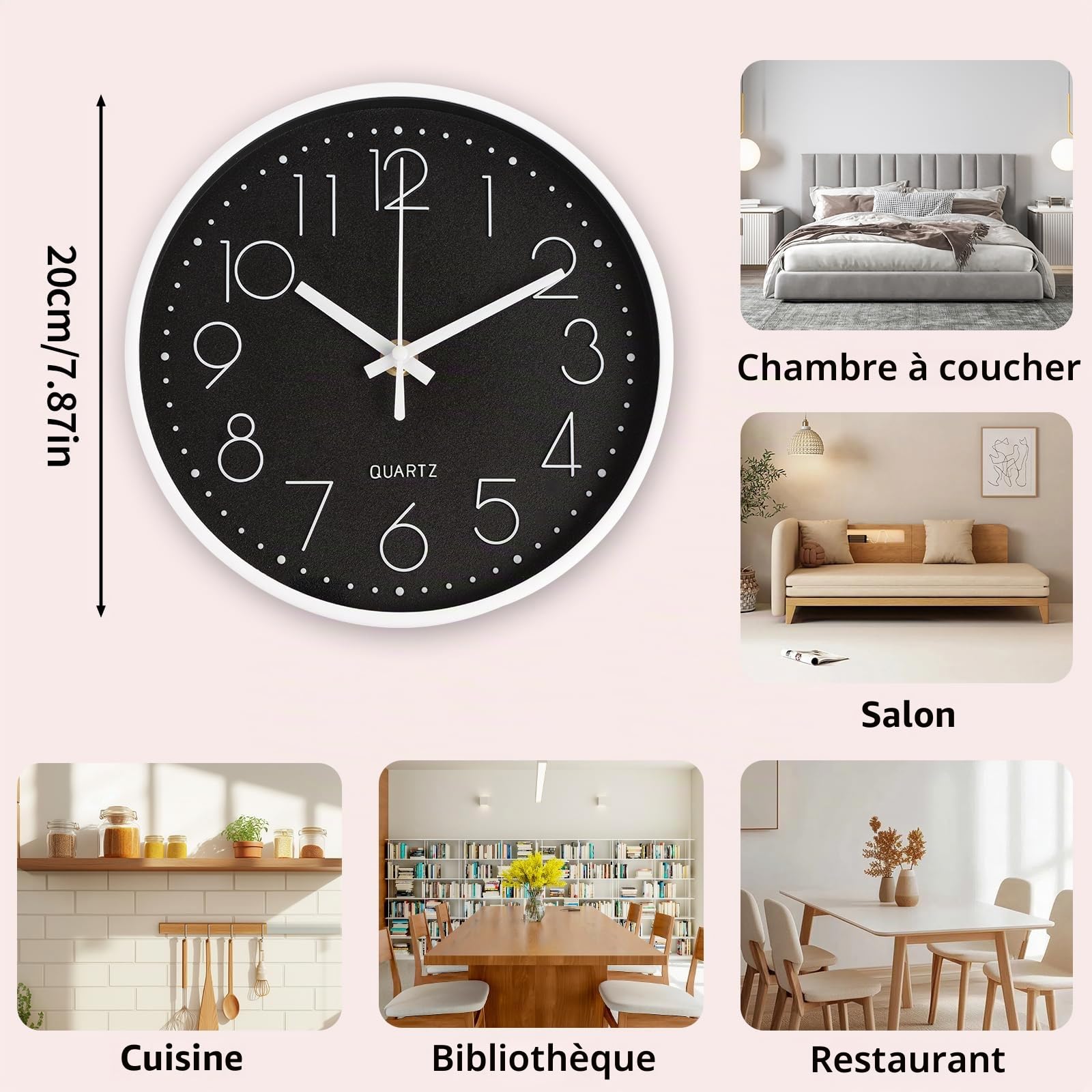 CIMOYBAI 20cm Horloge Murale Silencieuse Ronde, Moderne, Facile à Lire, Noir