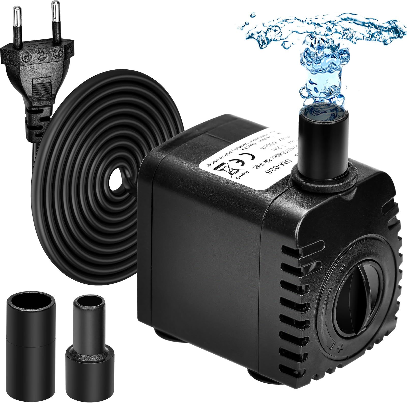 ROTRES Bomba de Acuario 8W 600L/H,Mini Bomba de Agua,Ultra Silencioso Bomba de Fuente Sumergible,Bomba Acuario con 2 Boquillas Ac220-240V para Estanques Fuentes Acuarios Sistemas Hidropónicos