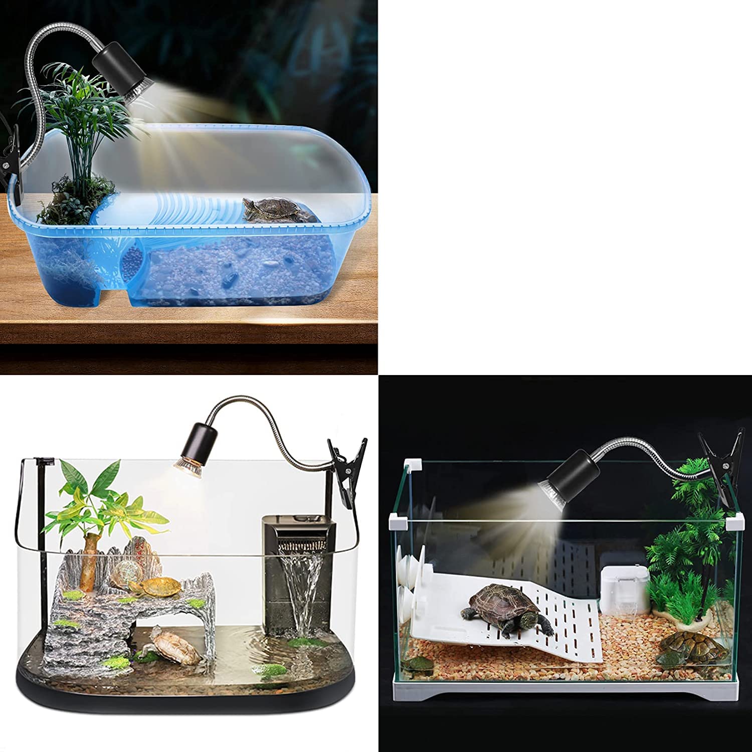 Lampe chauffante pour Aquarium pour Reptiles Clip de lumières de Tortue, Ampoule de Lampe chauffante en Tortue avec Support réglable E27, Lampe chauffante UVA/UVB 25 W + 50 W pour