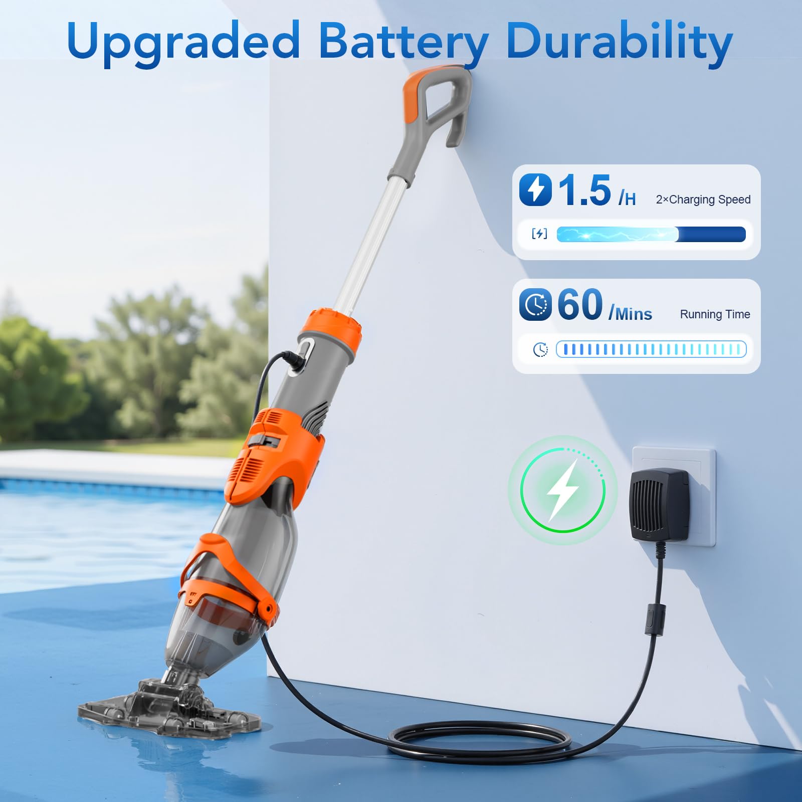 COWSAR Aspiratore per piscina fuori terra, nuova tecnologia VortexForce™ - 19,5 GPM/50kPa aspirazione potente a doppia modalità, testa più larga 34 cm e asta telescopica da 71 pollici, autonomia 1H
