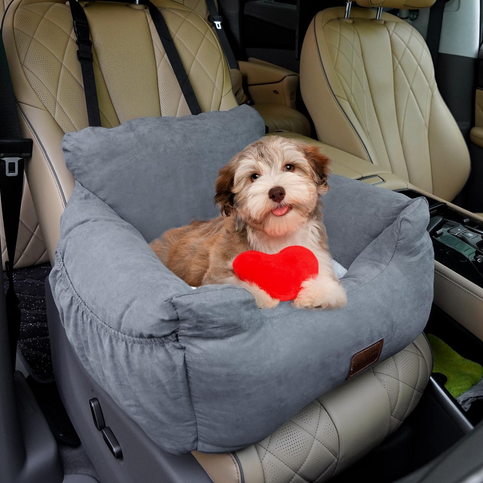 Asiento Perro Coche Pequeño Mediano,Asiento Elevador de Coche para Perros y Gatos,Asiento de Seguridad para Mascotas con Bolsa de Almacenamiento de Arnés, se Puede Desmontar (Gris, Medio)