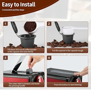 Refillable Coffee Capsules for Nespresso, Pack of 3 Refillable Capsules Reusable Capsule Coffee Capsules Refillable Capsule for Nespresso with Coffee Spoon and Brush Black