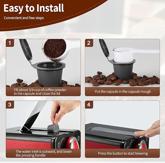 Refillable Coffee Capsules for Nespresso, Pack of 3 Refillable Capsules Reusable Capsule Coffee Capsules Refillable Capsule for Nespresso with Coffee Spoon and Brush Black