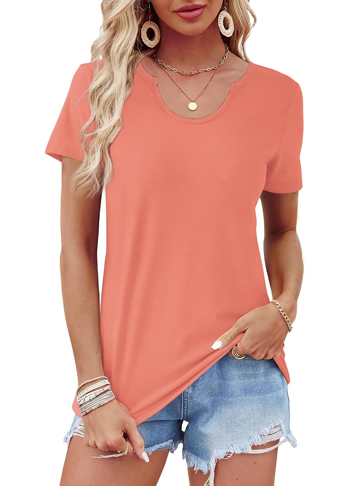 WIHOLLSummer Tops for Women Scoop Neck Basic Tees Short Sleeve Casual T-Shirts Loose Fit