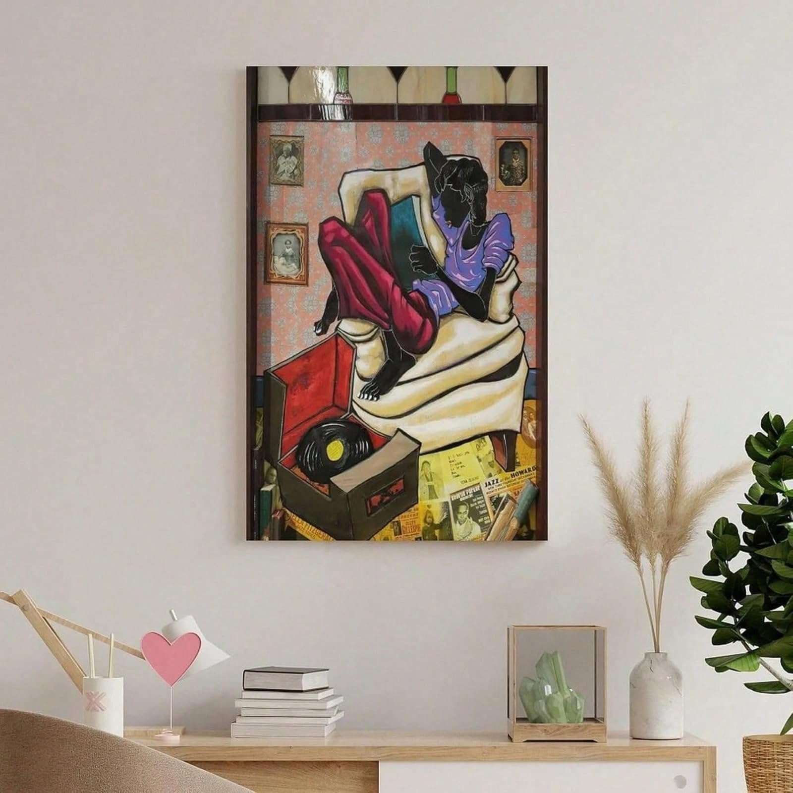 AIHNBF Jazz Murale da parete donna nera ascolta musica Soulvolle africana americana decorazione retrò giradischi stampa su tela per soggiorno sala musica arte unica 40 x 60 cm
