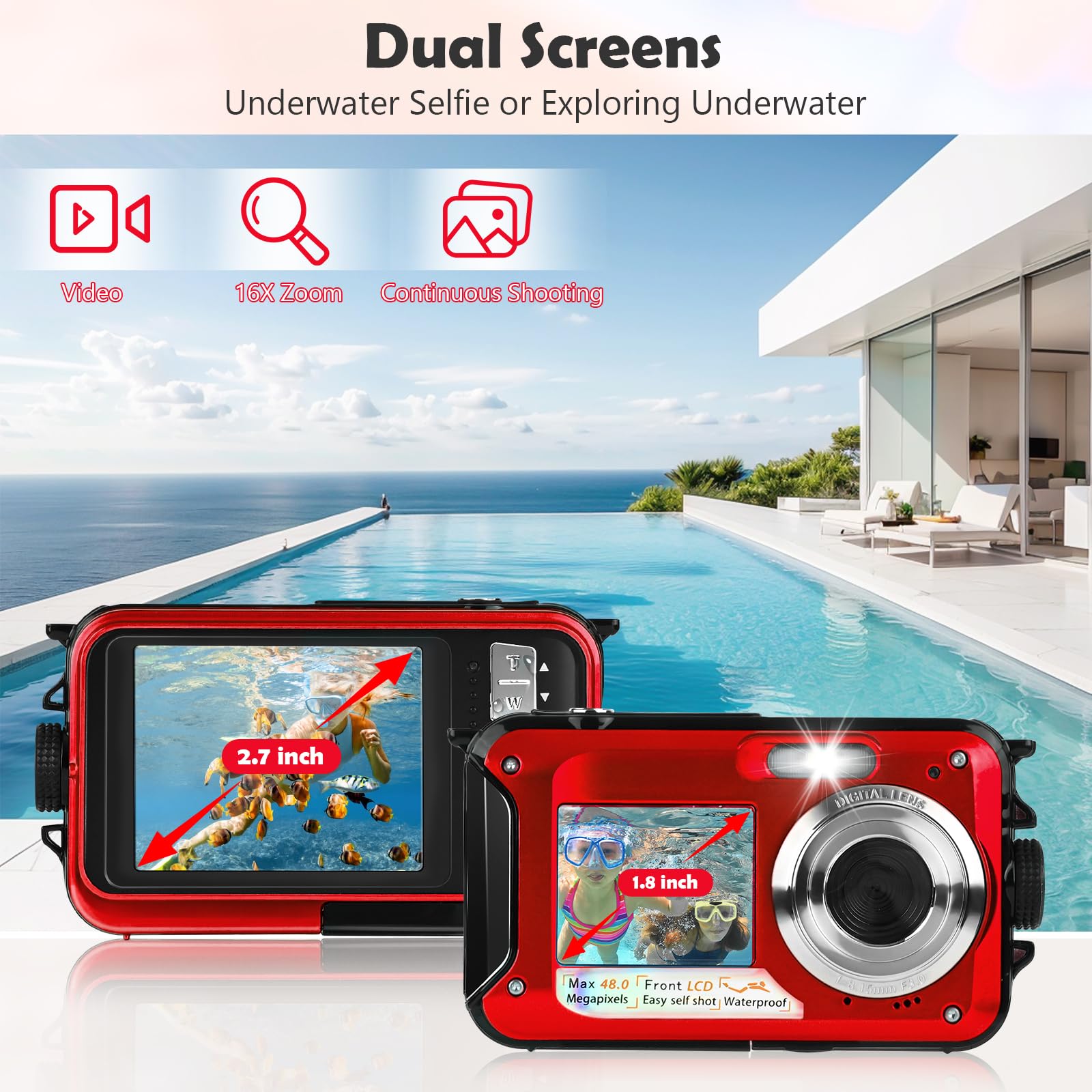 Macchina Fotografica Subcquea, Comius Sharp Fotocamera Subacquea Digitale 10FT 30MP Photo FHD Video 16X Digital Zoom con Scheda di Memoria da 32G per Selfie Subacquei, Immersione, Nuoto