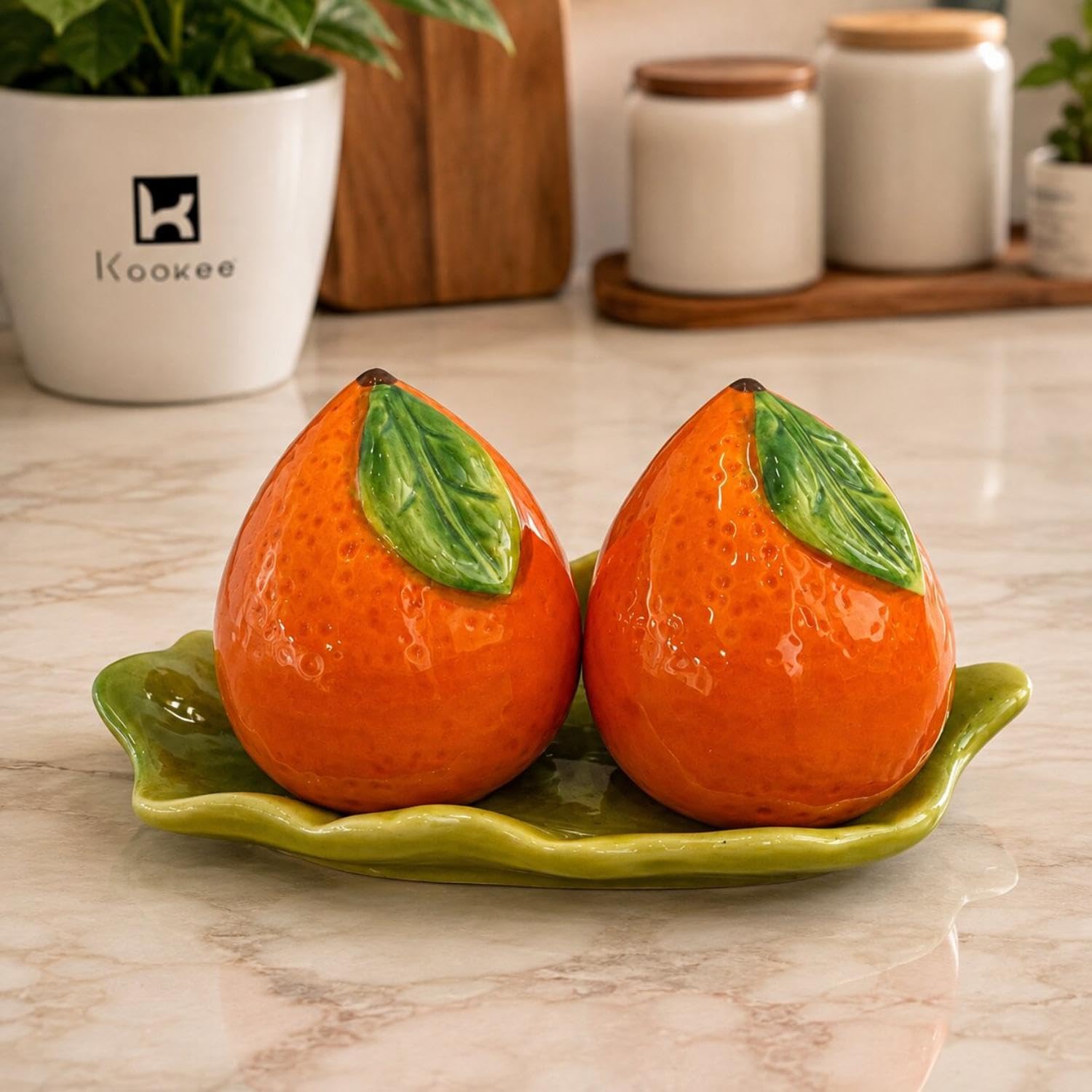 Kookee Ceramic Salt and Pepper Shaker Set with Tray for Dining Table, Orange (12369) — Amazon image 2