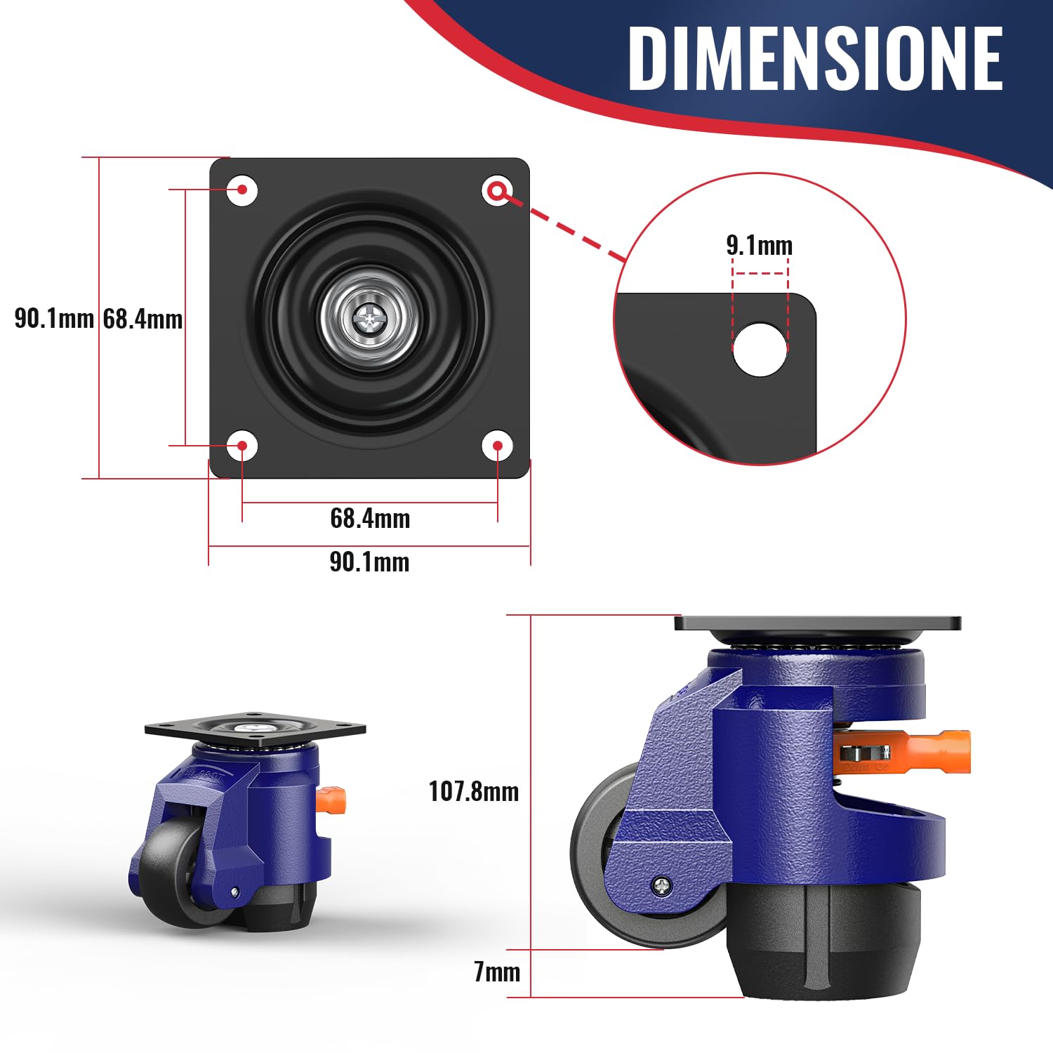 Ruote di Livellamento con Design del Manico a Cricchetto - Capacità di Carico 1200 kg - Altezza Totale 107-114 mm - Ruote Girevoli ruote industriali per banchi da lavoro, mobili pesanti