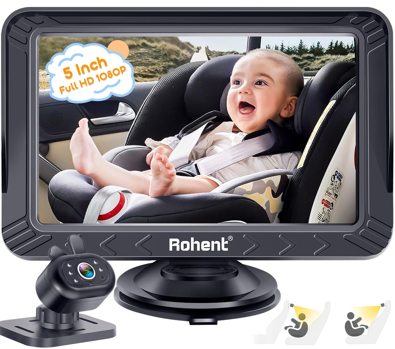 Baby Car Camera USB Plug and Play: 5 Inch Easy Install HD 1080P Clear Picture Carseat Camera Two Kids 360° Rotating Car Baby Monitor with Camera Clear View Night Vision for Back Seat Rear Facing -N08
