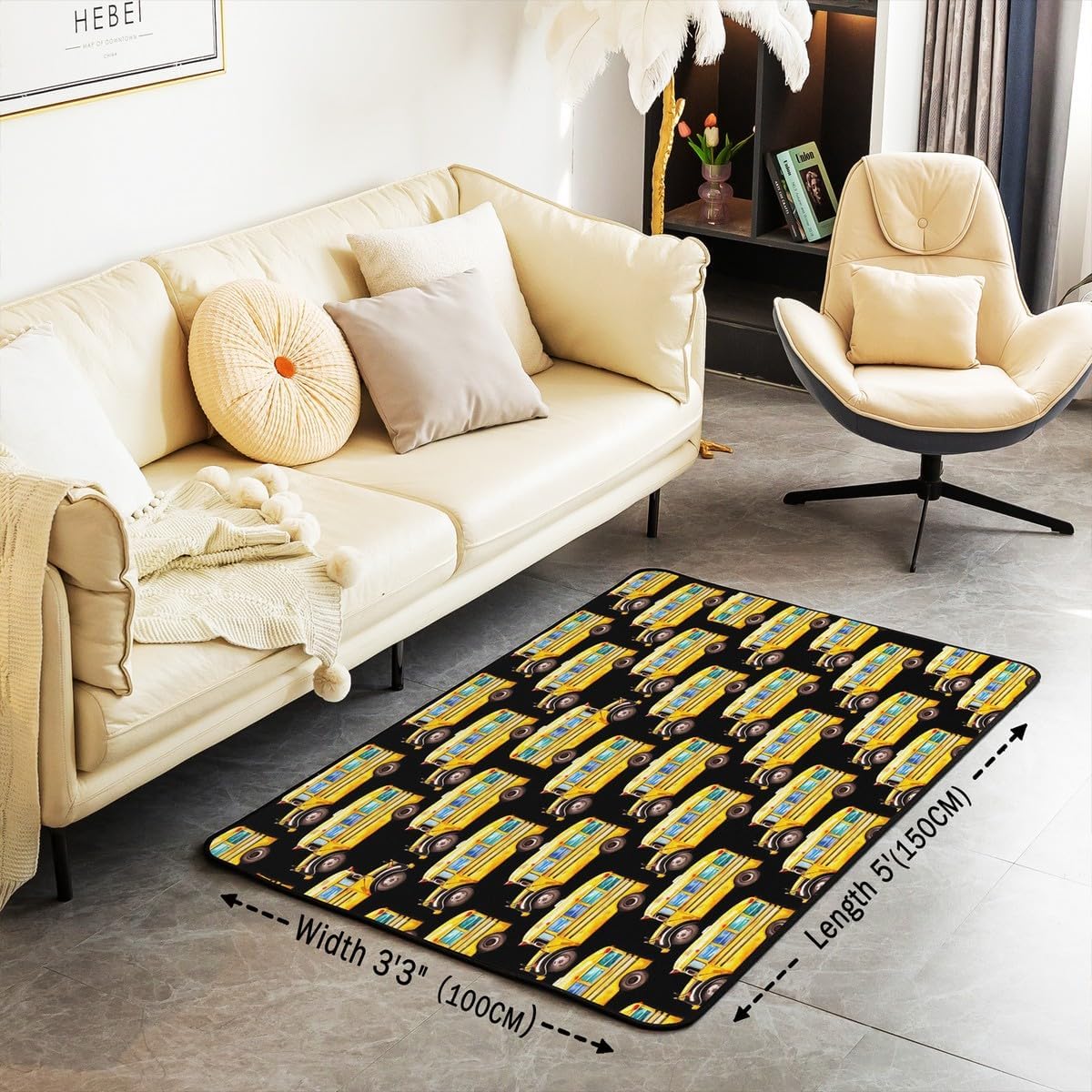 Erosebridal Yellow School Bus Area Rug for Bedside, Vehicles Living Room Rugs 3x5, Boys Cool Automobile Truck Transportation Carpet for Child Teens, Kids Car Theme Decorative Washable Rug, Black