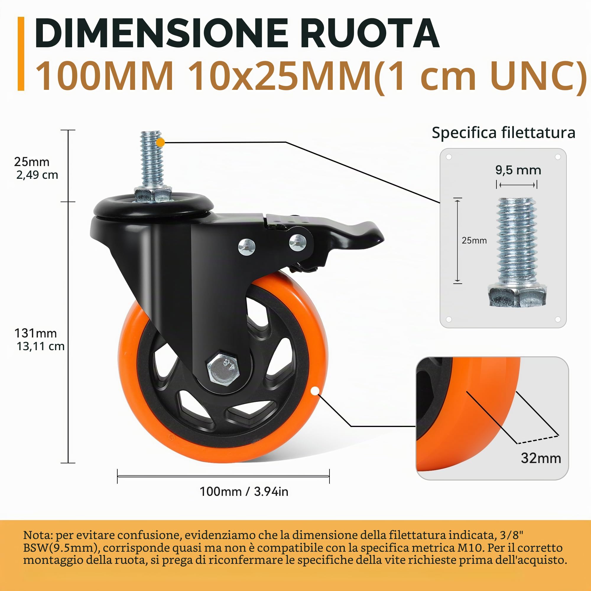 Ruote per Carrello 10mm×25mm(3/8"-16UNC) con Perno Filettato ¢100mm Ruote per Mobili Ruote per Carichi Pesanti Carico 550kg Arancione