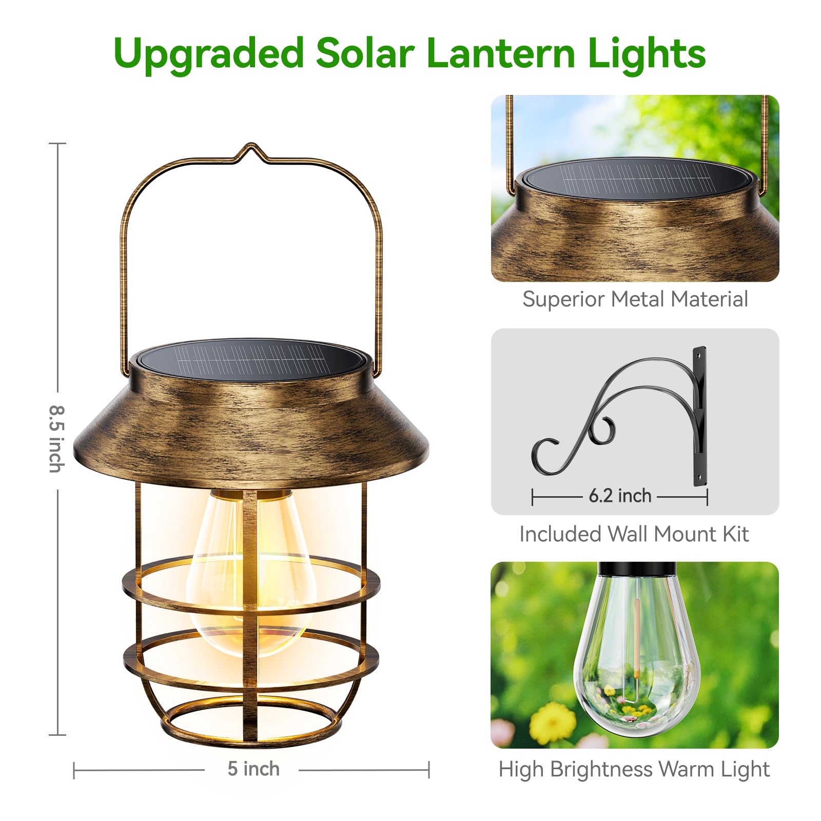 Lanterna solare vintage per esterni, design con pannello in vetro, bronzo (confezione da 4)
