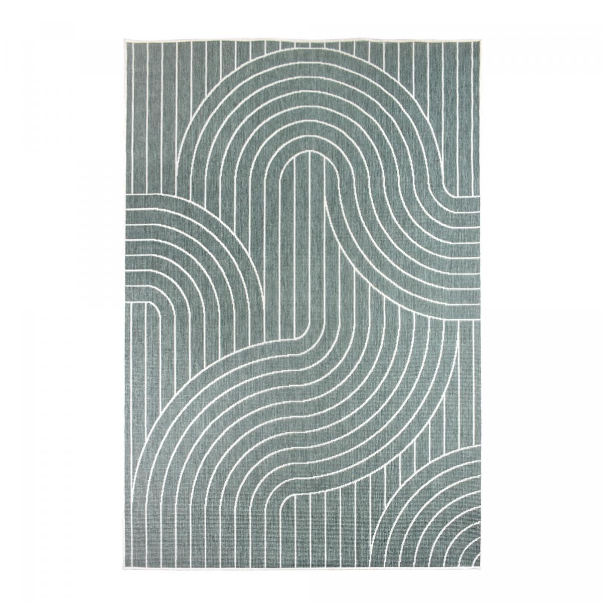 Tapis Exterieur, 200 X 290 Cm, Polypropylène, Motif Géométrique Ondulé, Vert, Écru, Style Kilim Tissé en Belgique, Terrasse Jardin Grand Salon, 12058