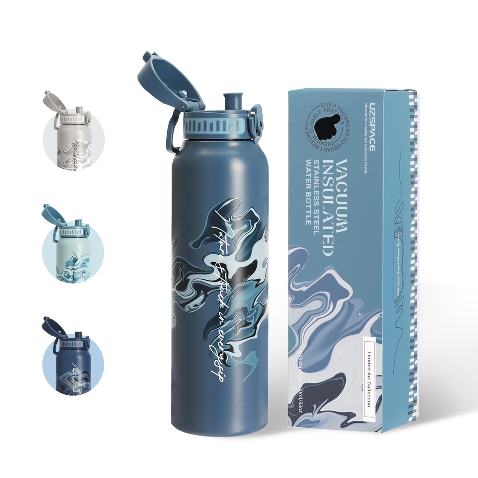 UZSPACE Stainless Steel Water Bottle 1l (970ml) - Double-Walled Insulated Water Bottles that Keep Drinks Cold & Hot - ArtisticPrint Drinking Bottles for Adults - Ideal for Outdoors & Sports Slate Blue — image 1
