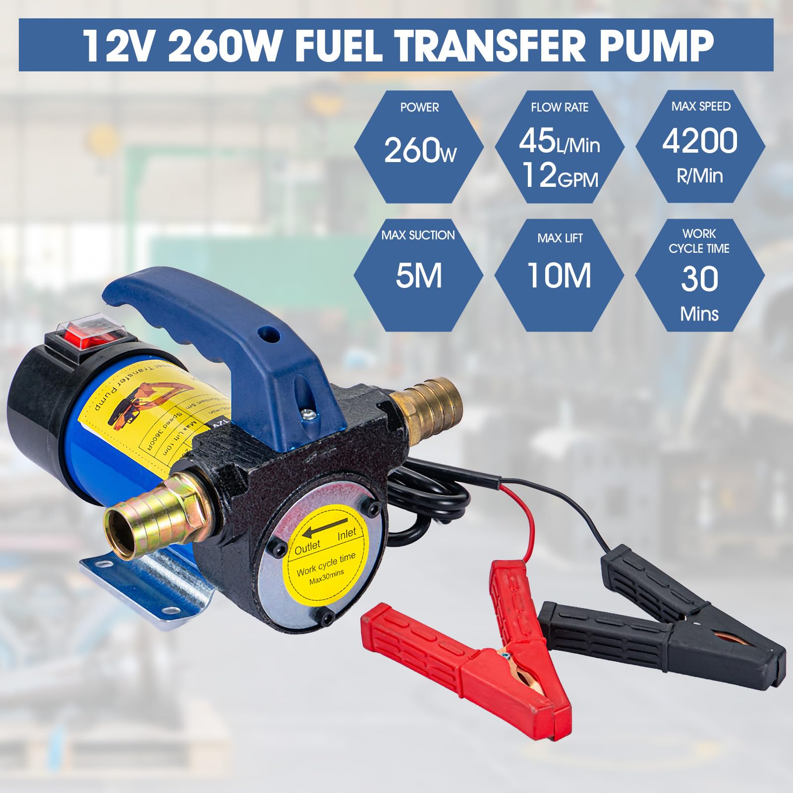 Bomba de Transferencia Diesel 45L/Min Bomba Aceite Extracción 12V 260W Kit de Bomba Extractora Eléctrica Portátil para Transferencia de Diesel con Boquilla de Auto Apagado y Mangueras