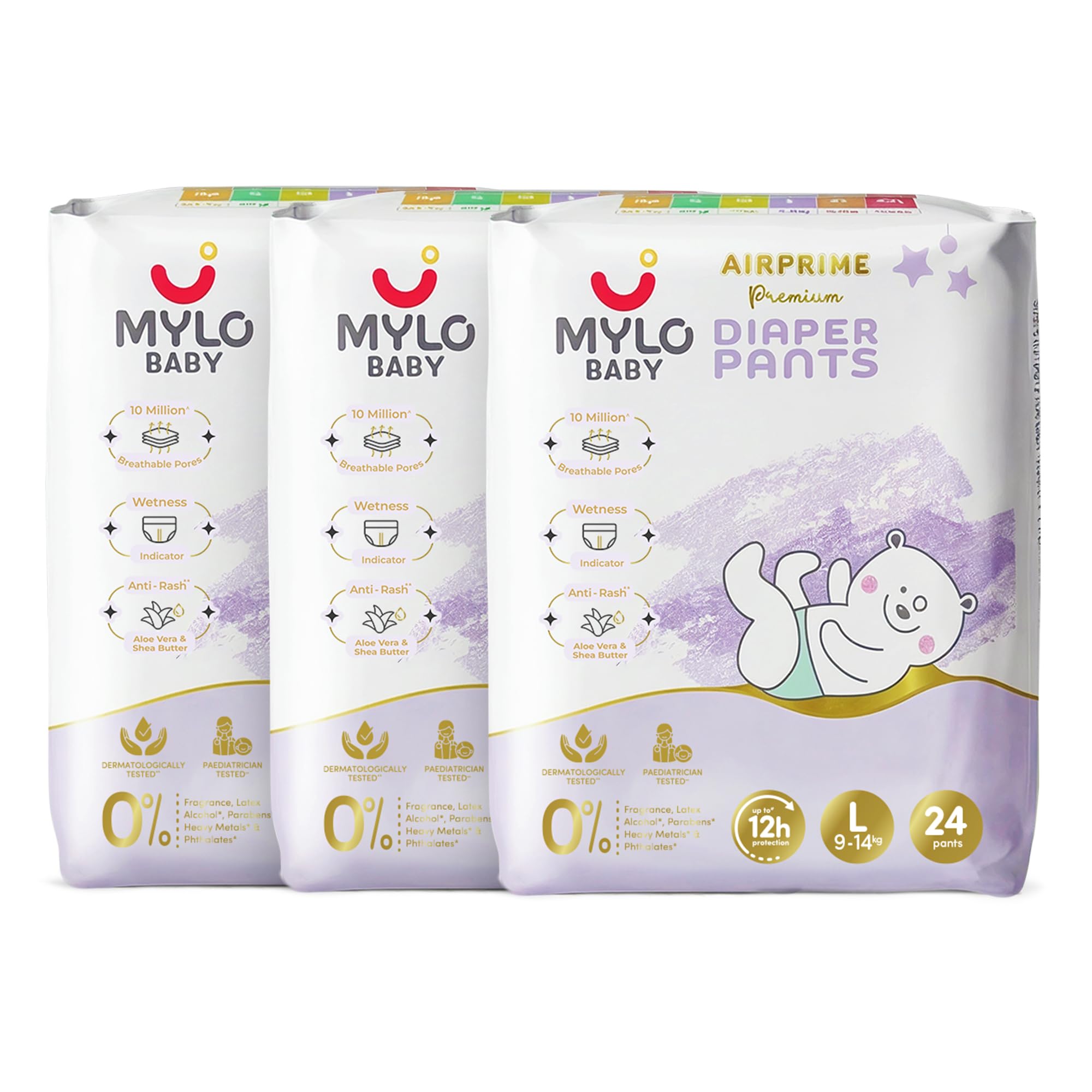 Mylo Baby AirPrime Premium Diaper Pants Large (L) Size (9–14 kgs) (24 Count) Leak Proof | Ultra-Thin & Breathable | Up to 12 Hours Protection | No Rashes (24 Count, Pack of 3)-image-2