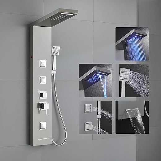 OUGOO LED-Duschpaneel, 5-in-1-Duschpaneel mit Armatur (Regenbrause, Wasserfall, 3 Massagedüsen, Handbrause, Wanneneinlauf), gebürsteter Edelstahl