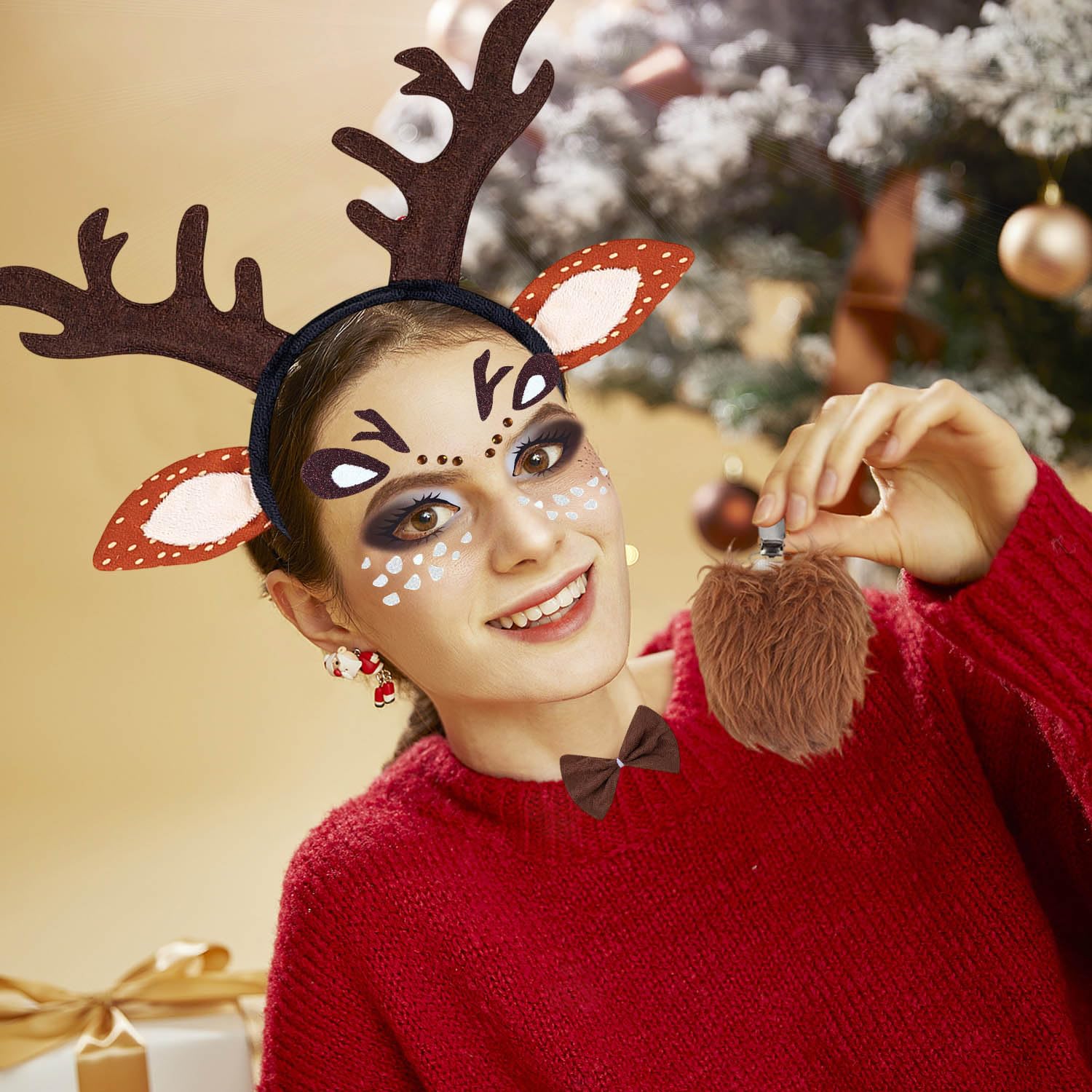 SHIFANQI Reindeer Costume Adult, 4PCS Deer Ears Alters Headband, Face Tattoo Stickers - Image 2