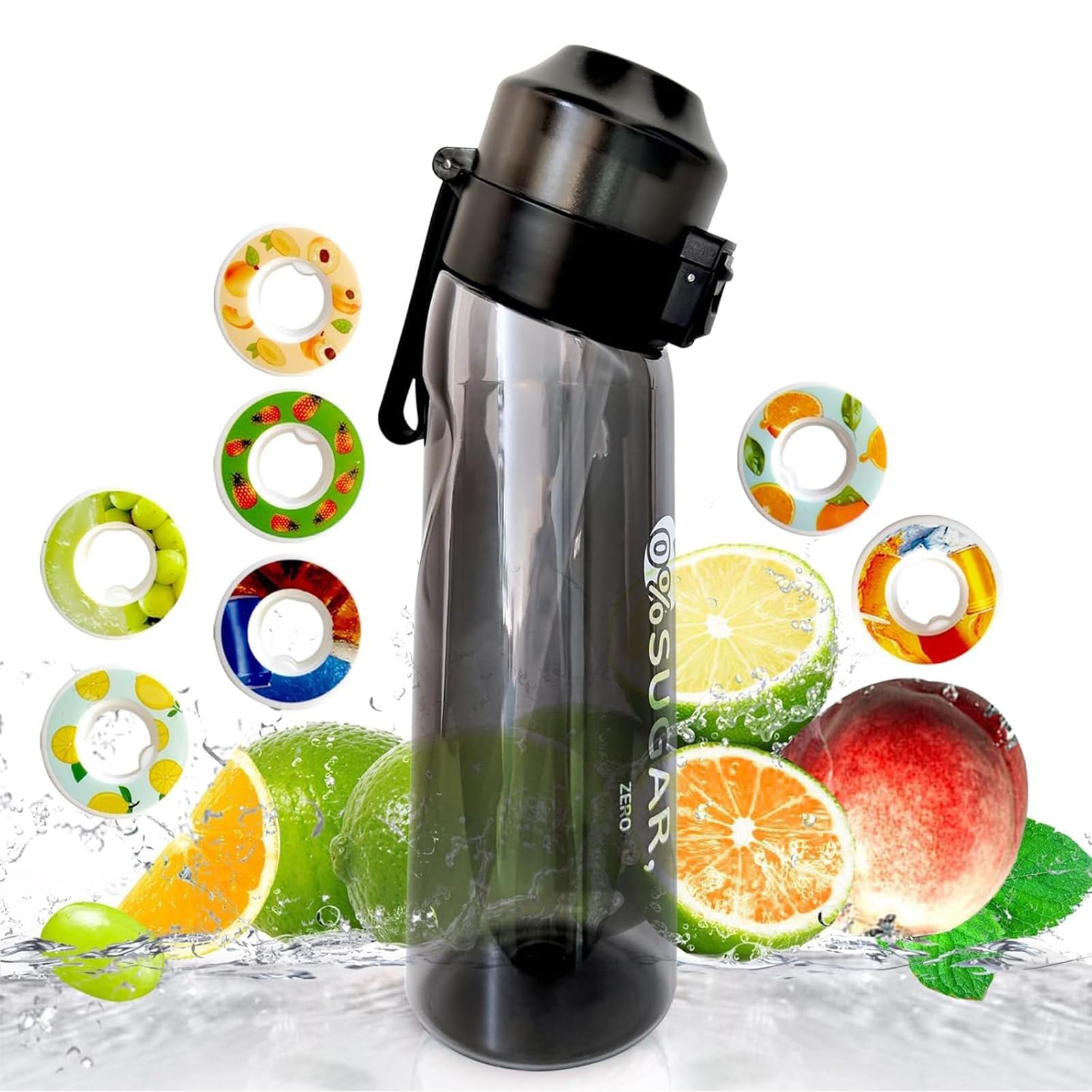 ROUNYAir Water Bottle with Flavor Pod, Flavored Water Bottle, Leak Proof and BPA Free Sports Water Cup with Straw, Fruit Fragrance Water Bottle for Outdoor Sports Flavoured Water Bottle (Black)