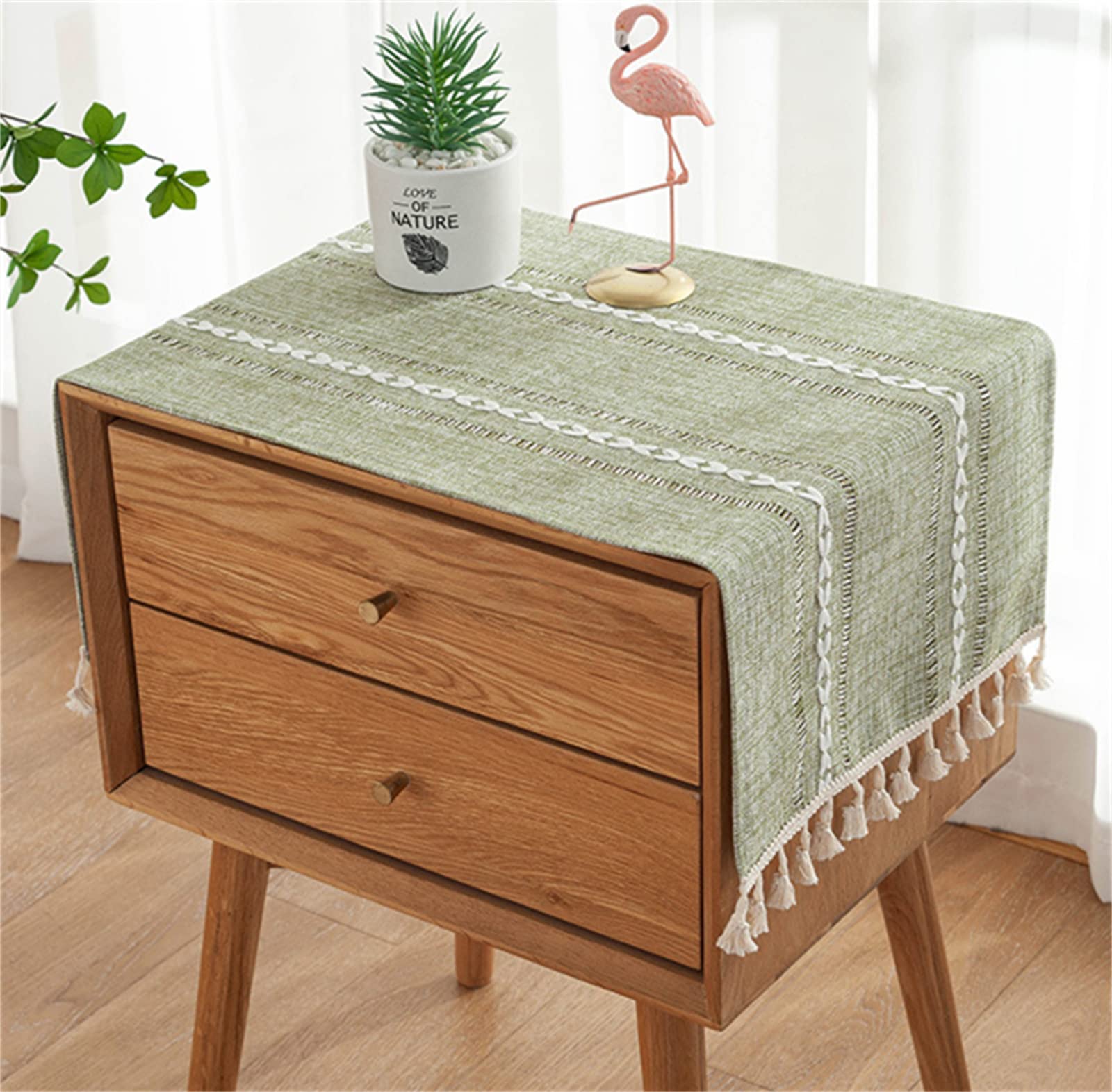 Simple Bedside Table Tassel Cover Cloth, Tablecloth Cover Towel, Suitable for Bedside Table TV Microwave Washing Machine Refrigerator Dust Cover (Green, 15.7 * 35.4 inches)