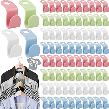 200PCS Clothes Hanger Connector Hooks, 4-Colors Hanger Extender Clips, Plastic Magic Hanger Hooks for Hangers Space Saving and Clothes Closet Organizer