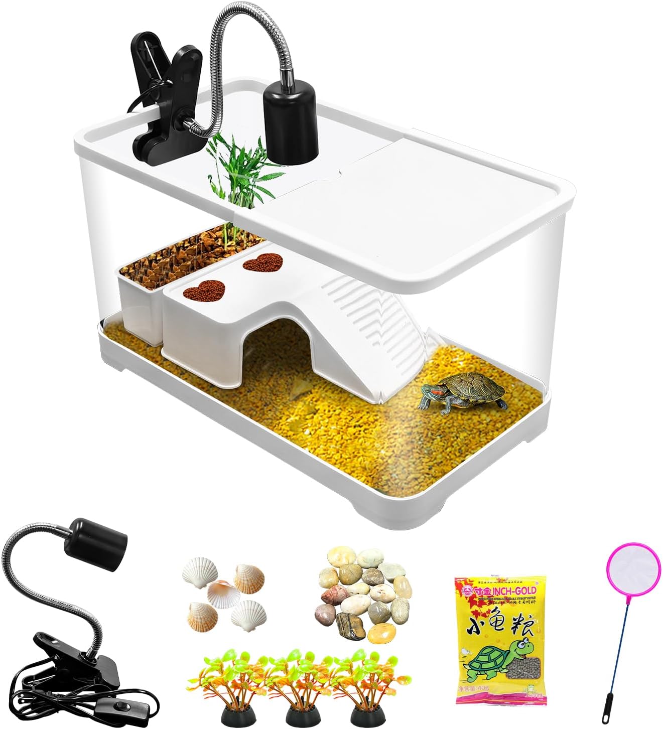 Turtle Tank, Turtle Aquarium with Basking Platform and Bottom Drainage, for Turtles, Crayfish, Crabs, Amphibians, Reptiles