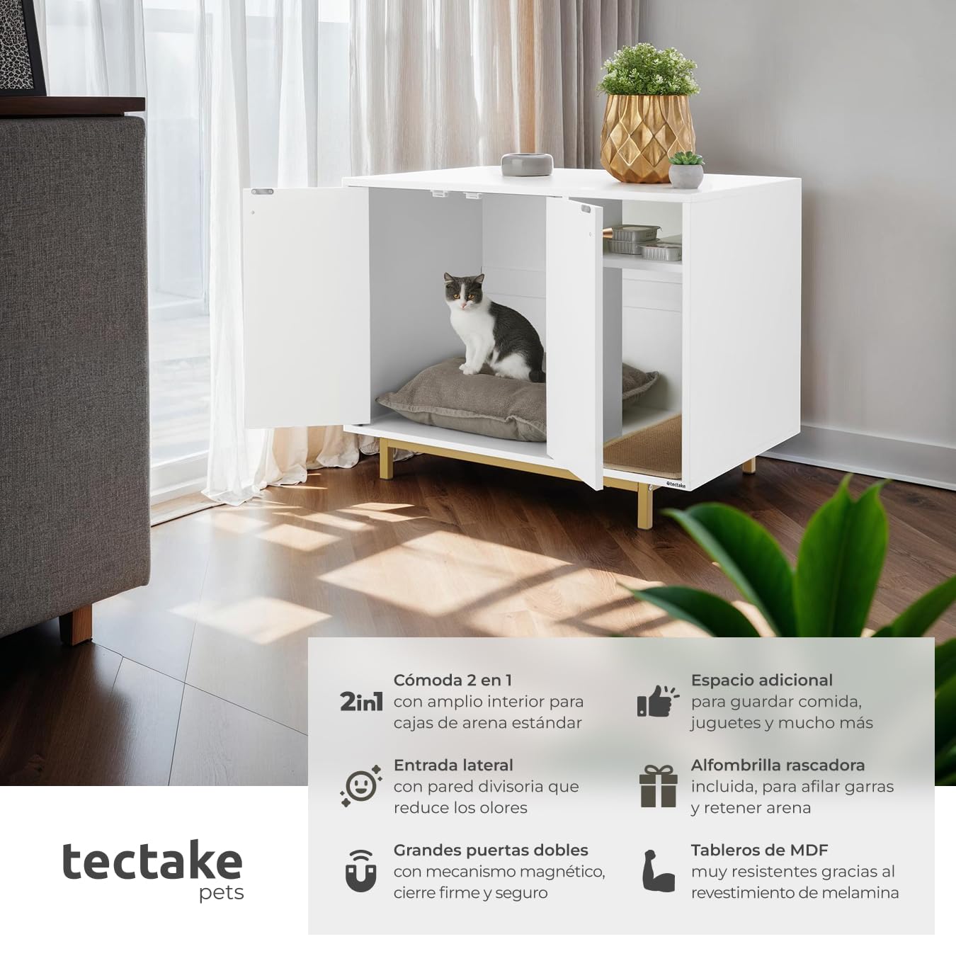 tectake® Mueble arenero Gatos 2 en 1 con Entrada Lateral y Puertas magnéticas, Compartimento Integrado, Alfombra arenero Gato, para Caja de Arena Gatos - Blanco/Dorado